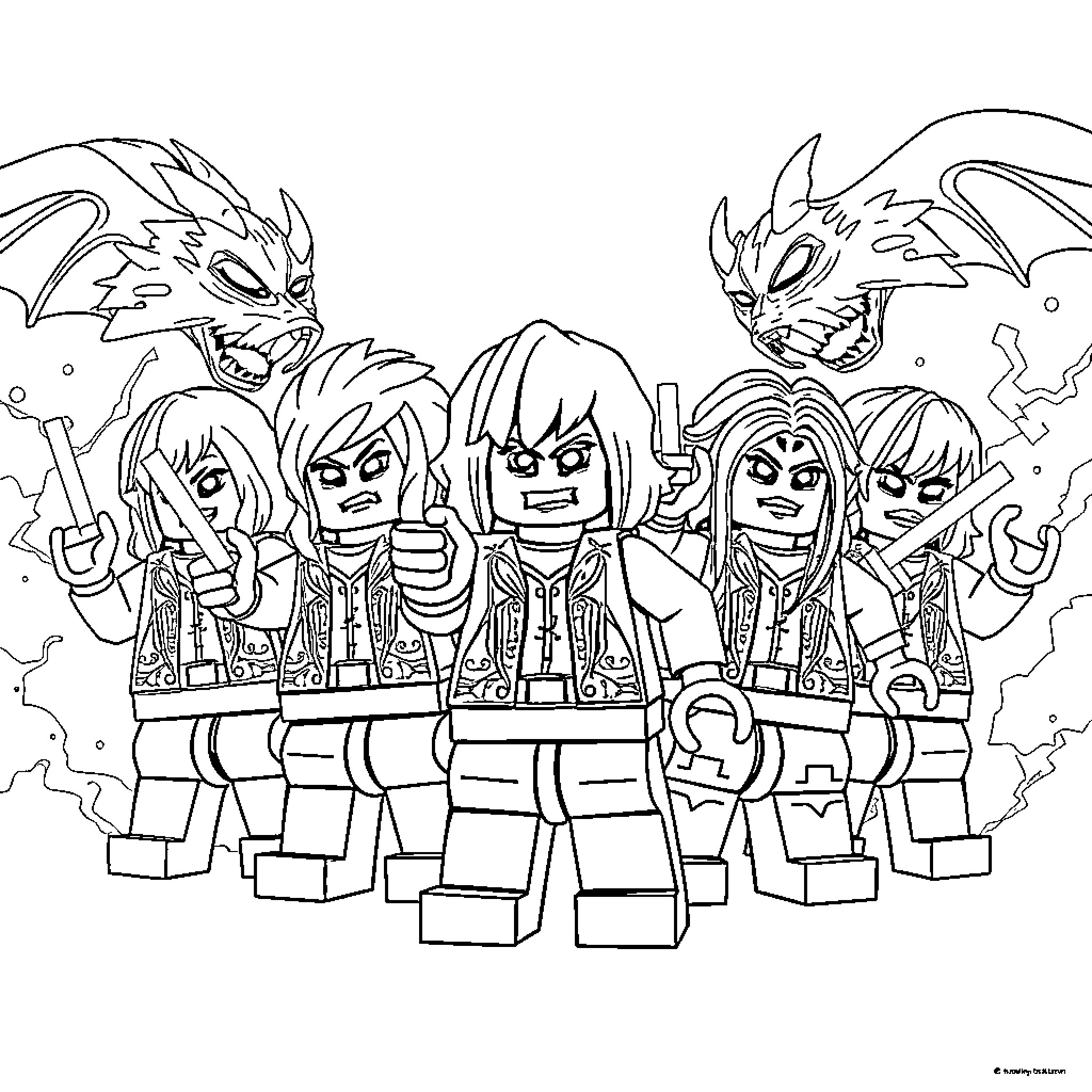 Demon Hunters Leading Charge with Weapons Coloring Page (free black-and-white line drawing printable PDF for all, from beginners to advanced learners, including children, teens, adults, and seniors)