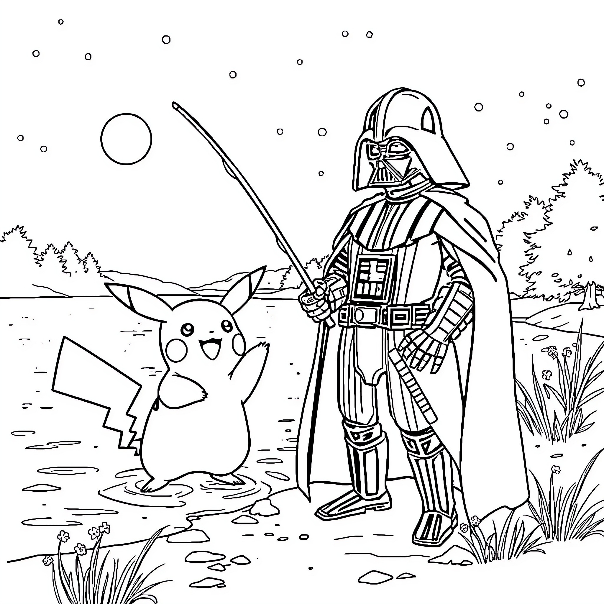 Pikachu and Darth Vader explore a magical world Coloring Page (free black-and-white line drawing printable PDF for all, from beginners to advanced learners, including children, teens, adults, and seniors)