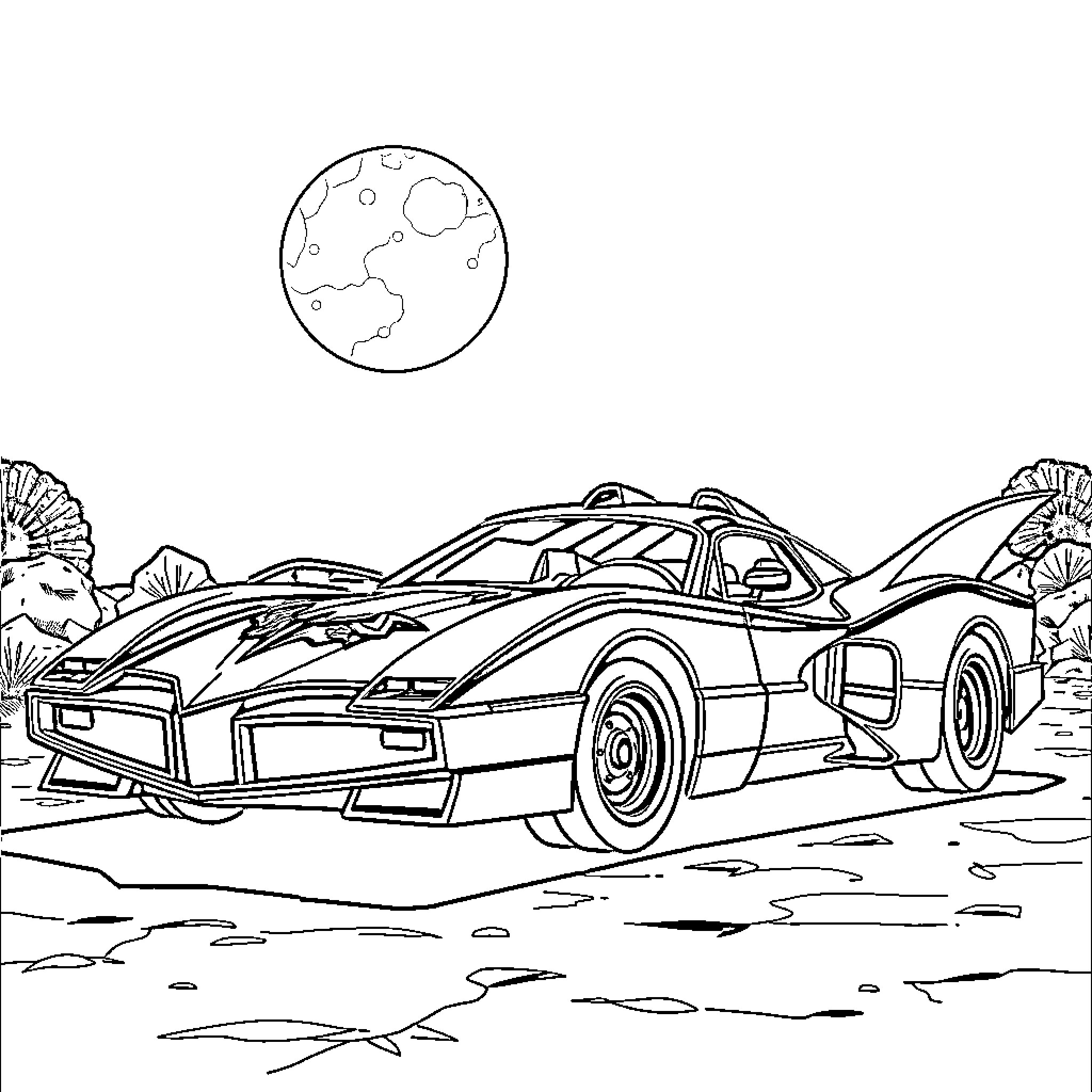 Batmobile racing on a desert road Coloring Page (free black-and-white line drawing printable PDF for all, from beginners to advanced learners, including children, teens, adults, and seniors)