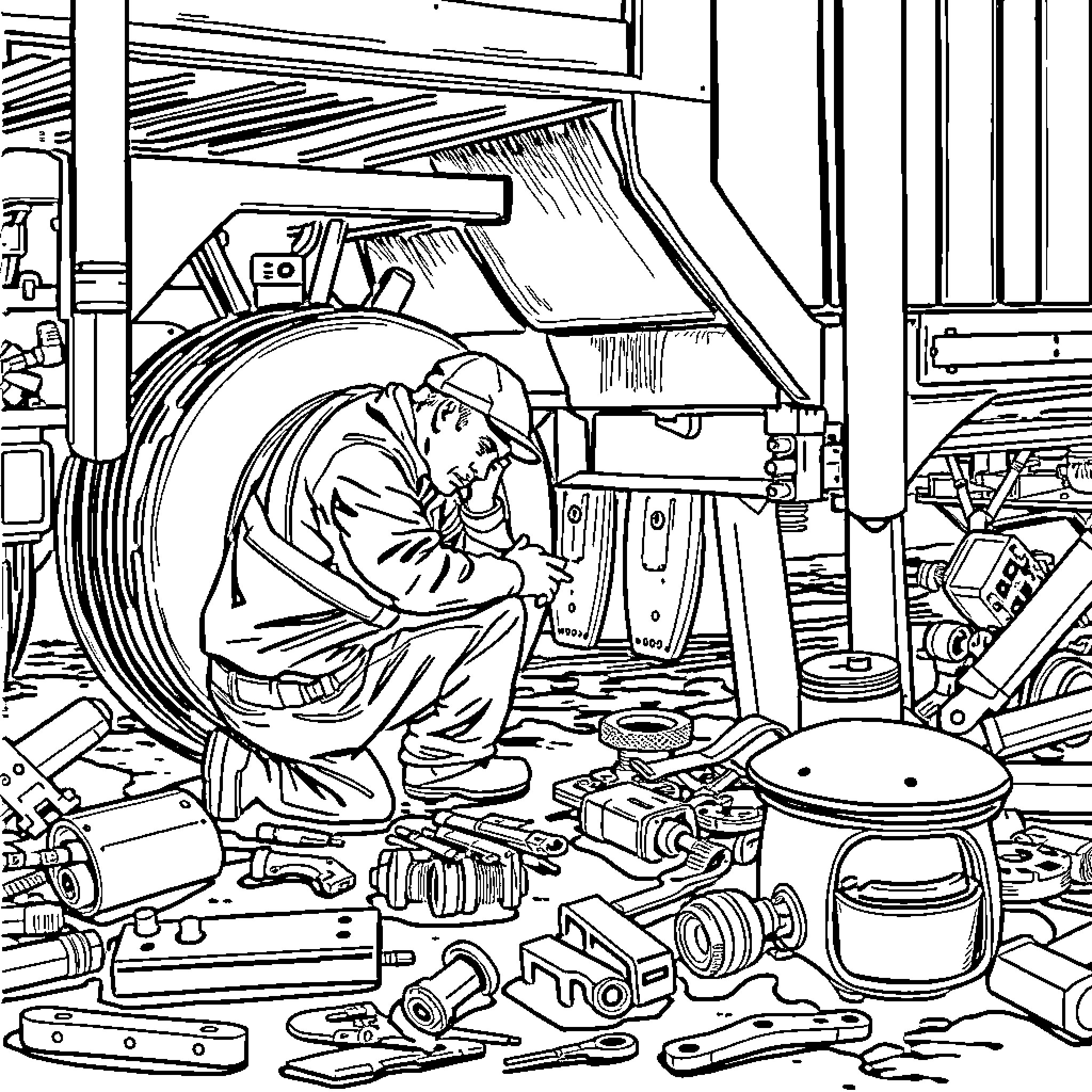 Trailer for a Mechanic's Workshop Filled with Tools and Parts Coloring Page (free black-and-white line drawing printable PDF for all, from beginners to advanced learners, including children, teens, adults, and seniors)