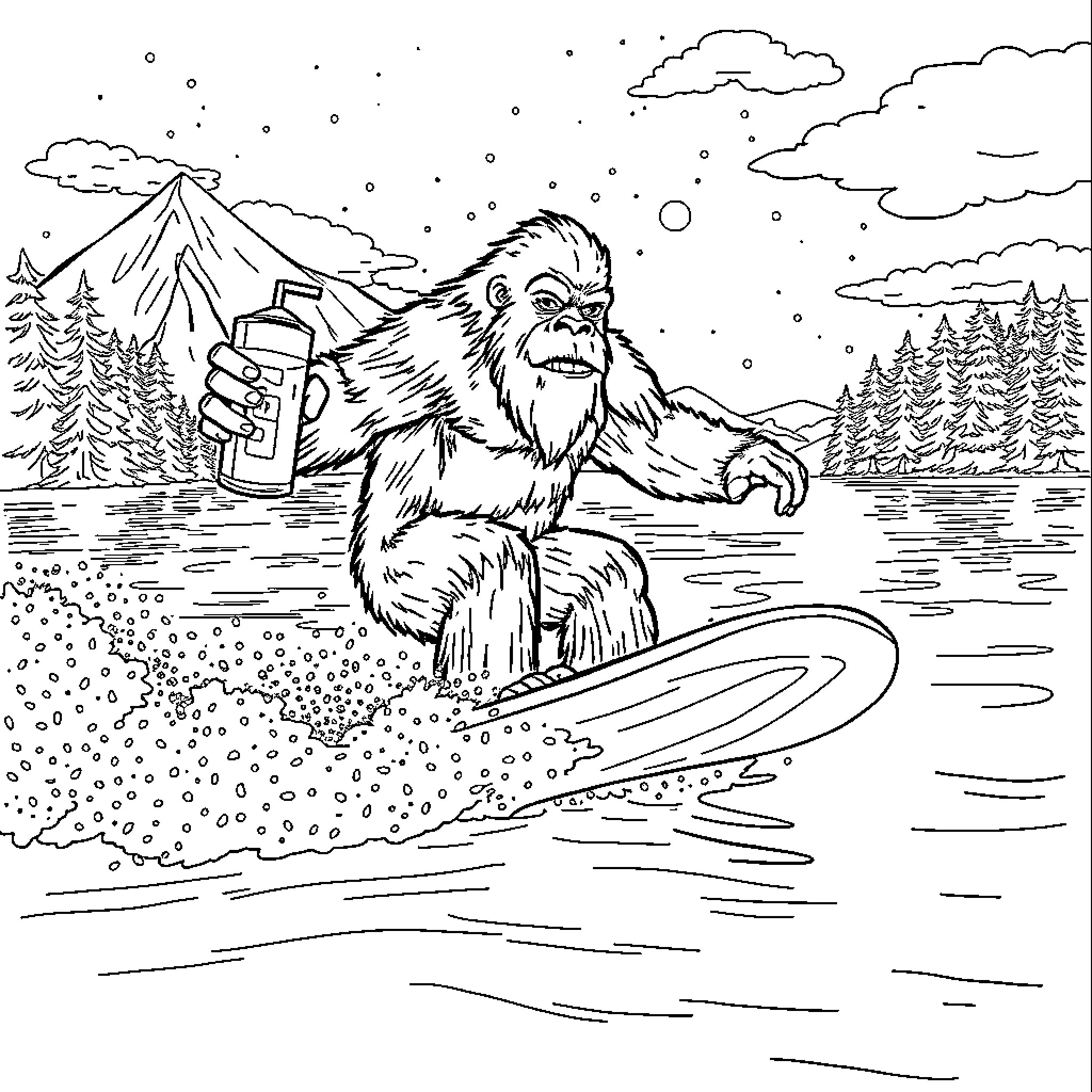 Bigfoot enjoying a snowy winter wonderland Coloring Page (free black-and-white line drawing printable PDF for all, from beginners to advanced learners, including children, teens, adults, and seniors)