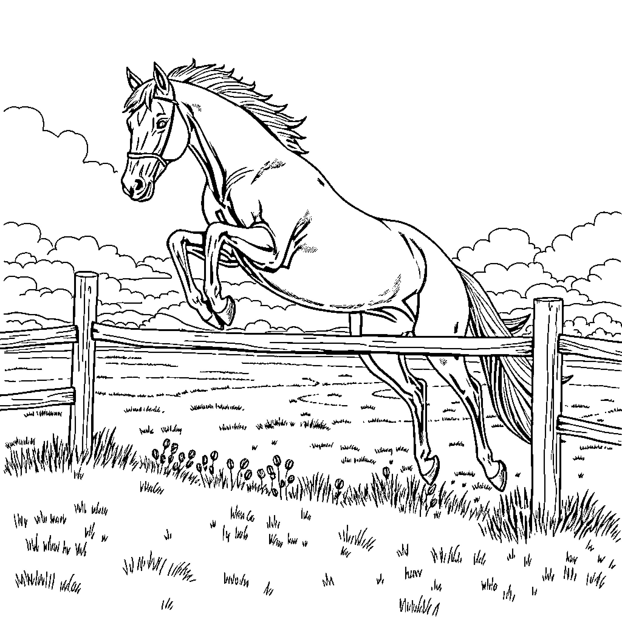 Horse leaping over fence in countryside scene Coloring Page (free black-and-white line drawing printable PDF for all, from beginners to advanced learners, including children, teens, adults, and seniors)