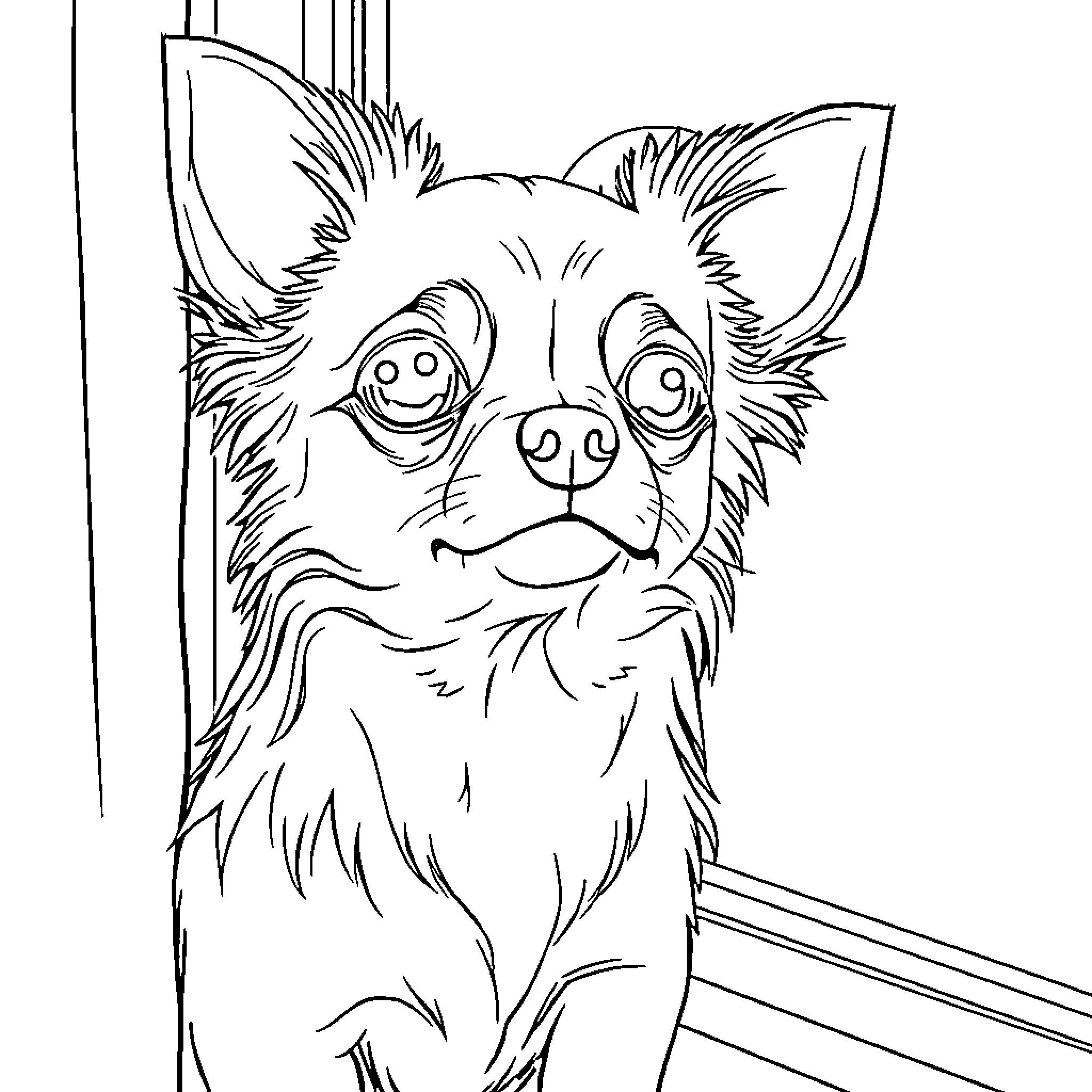 Chihuahua looking playfully through a window Coloring Page (free black-and-white line drawing printable PDF for all, from beginners to advanced learners, including children, teens, adults, and seniors)