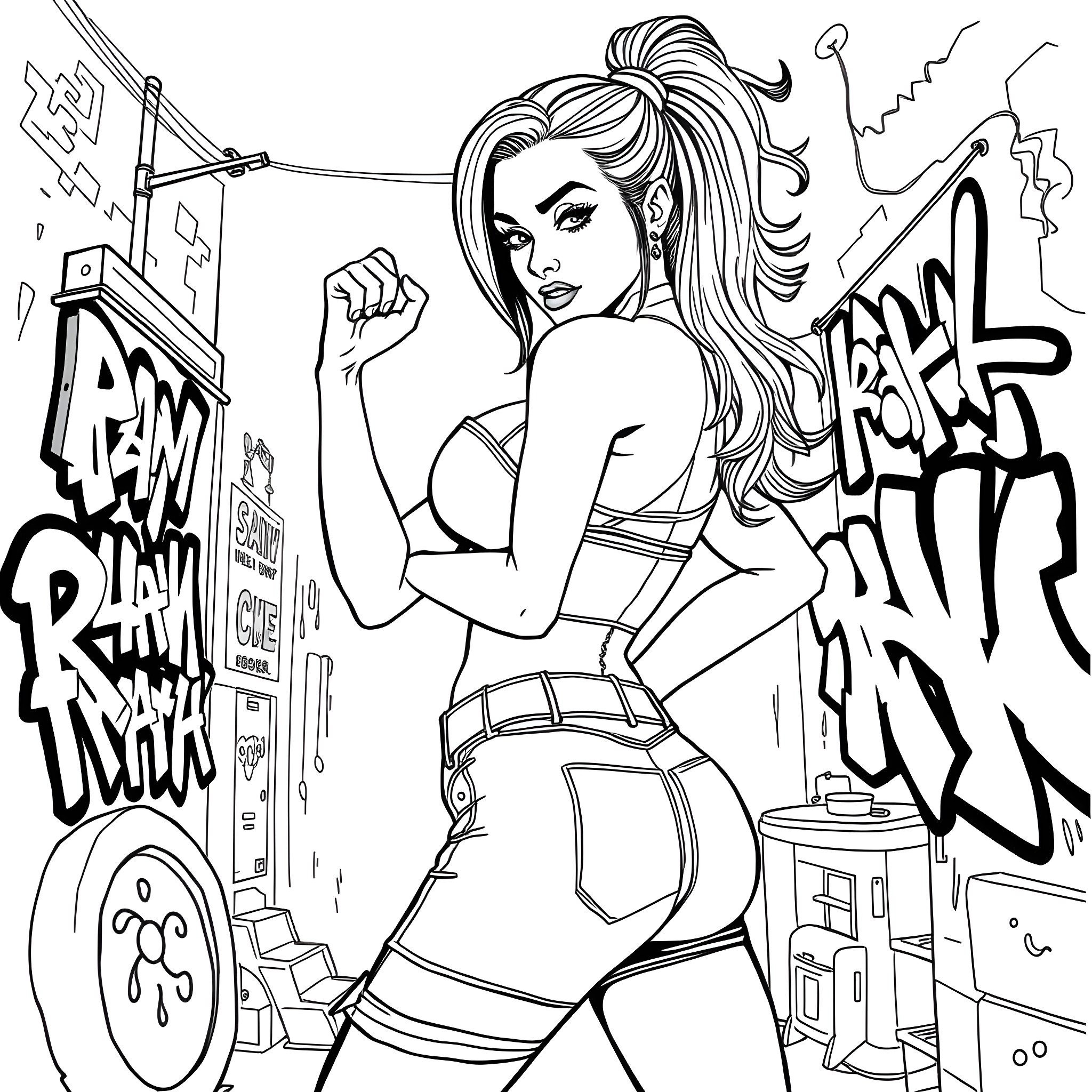 RAYAH's rebellious urban adventure Coloring Page (free black-and-white line drawing printable PDF for all, from beginners to advanced learners, including children, teens, adults, and seniors)