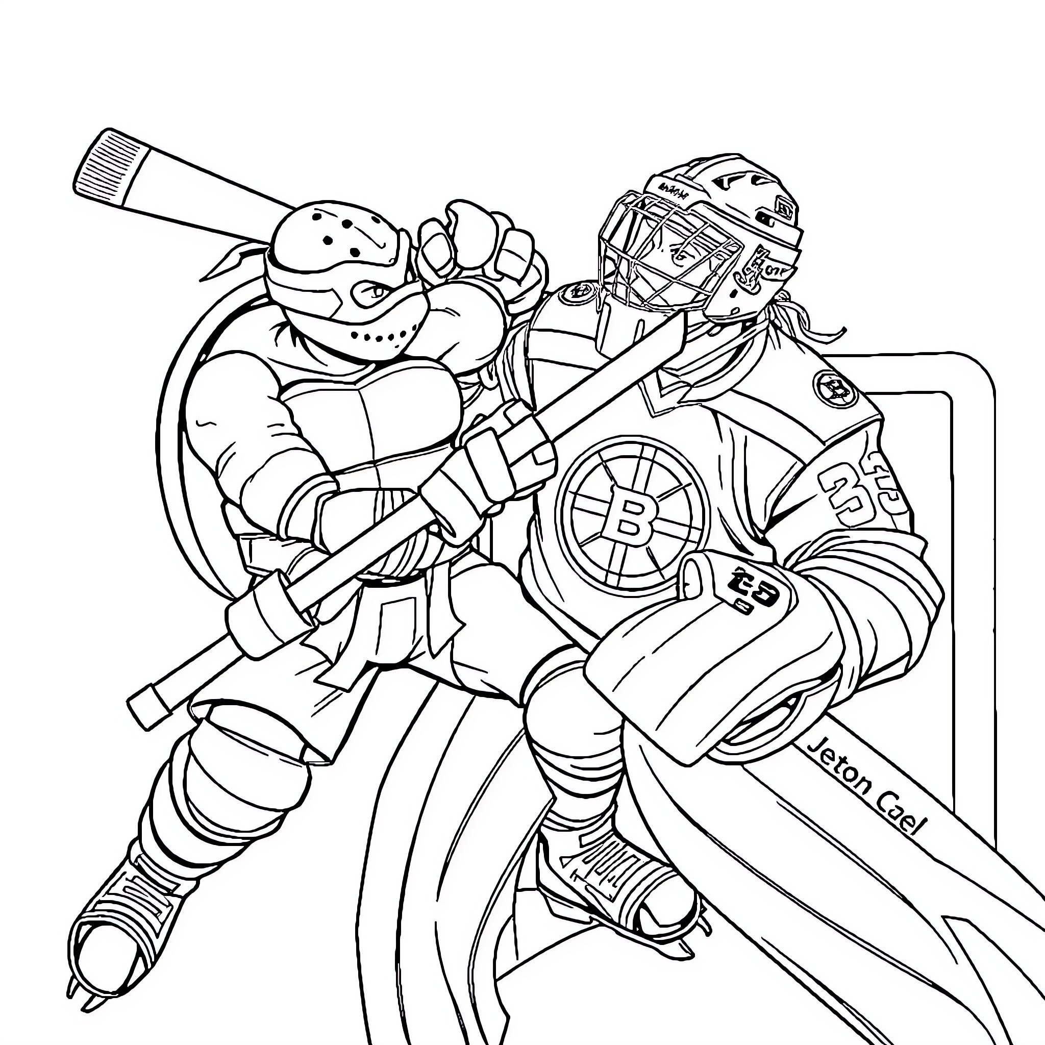 Casey Jones in Hockey Gear Battling Hockey Opponent Coloring Page (free black-and-white line drawing printable PDF for all, from beginners to advanced learners, including children, teens, adults, and seniors)