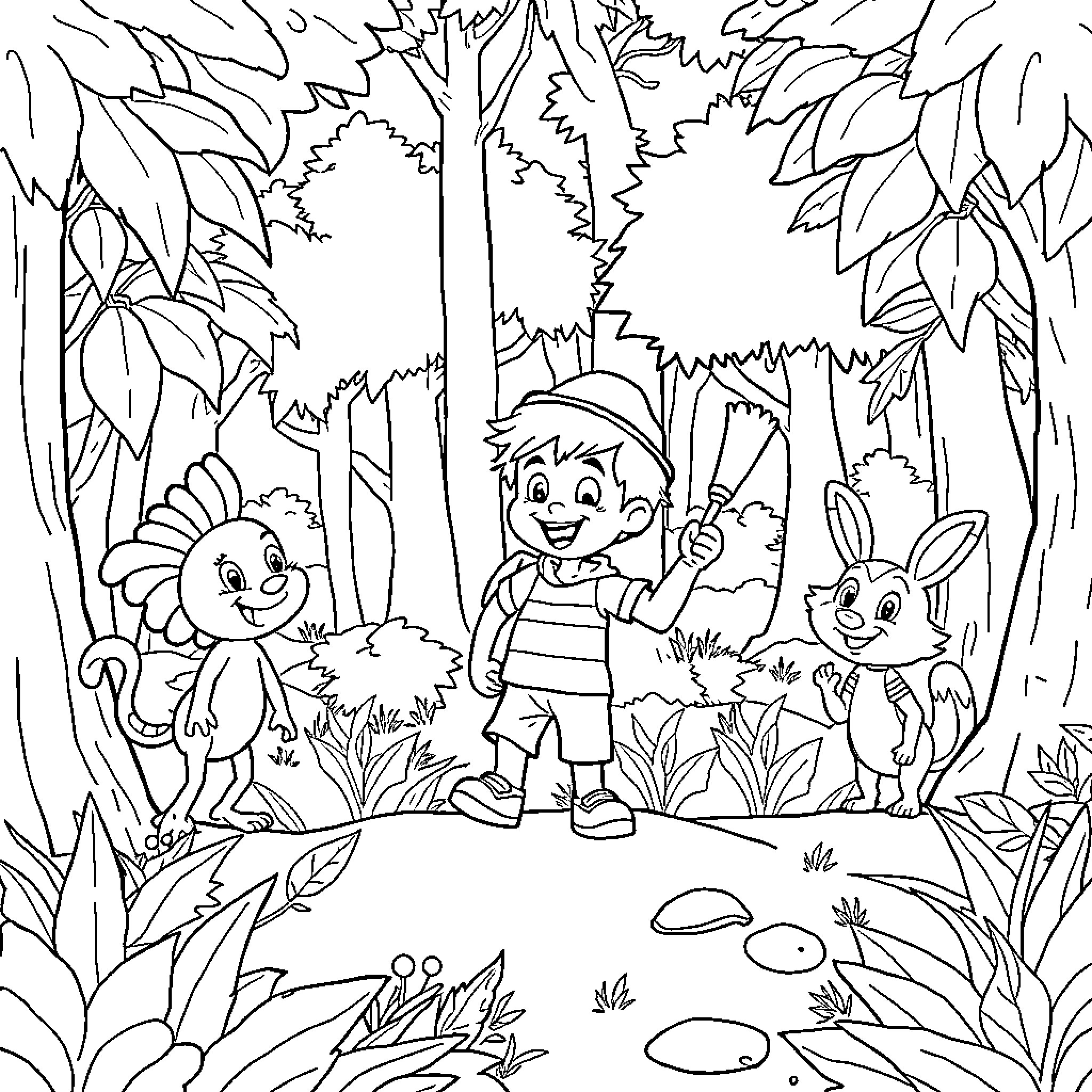 Curious George explores the enchanted forest with animal friends Coloring Page (free black-and-white line drawing printable PDF for all, from beginners to advanced learners, including children, teens, adults, and seniors)