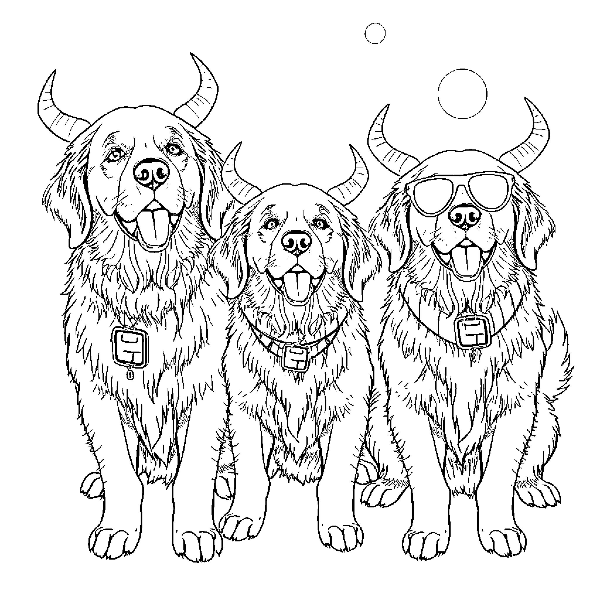 Golden Retrievers Playing Dress-up with Accessories Coloring Page (free black-and-white line drawing printable PDF for all, from beginners to advanced learners, including children, teens, adults, and seniors)