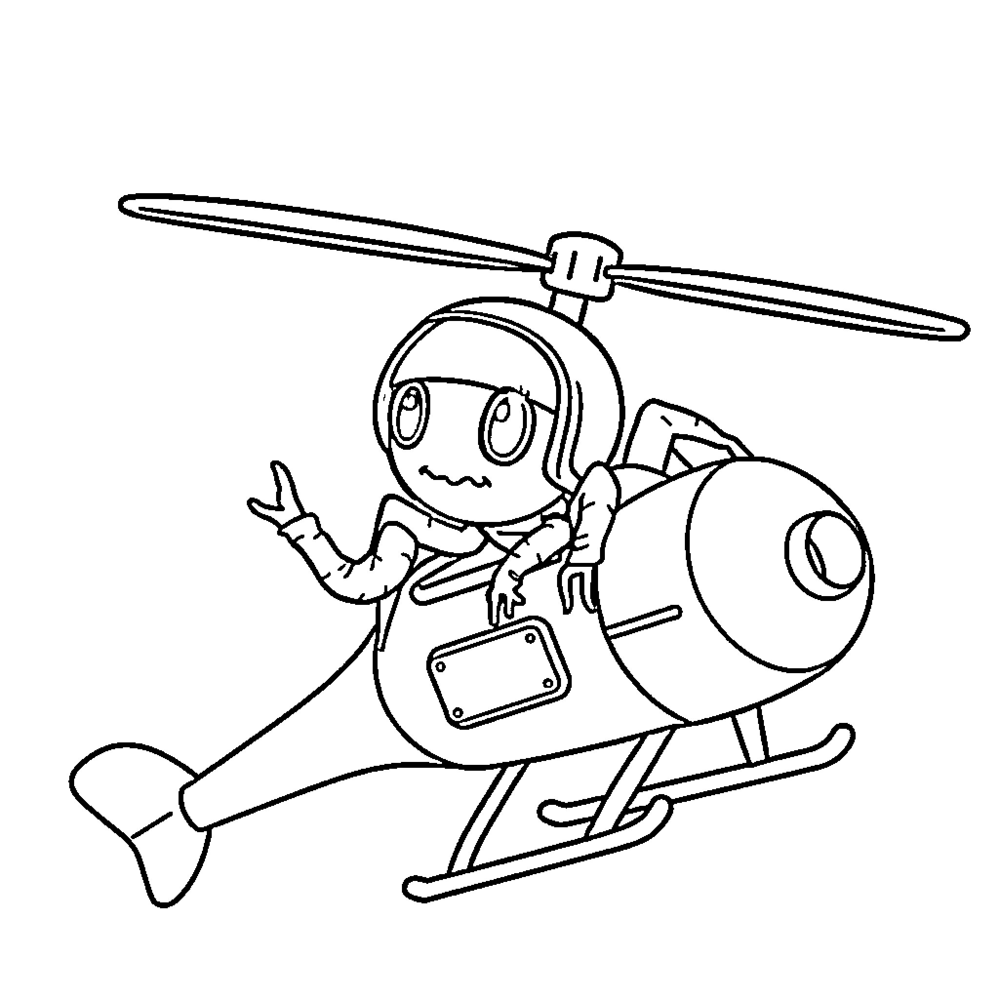 Spider-themed helicopter pilot in action Coloring Page (free black-and-white line drawing printable PDF for all, from beginners to advanced learners, including children, teens, adults, and seniors)
