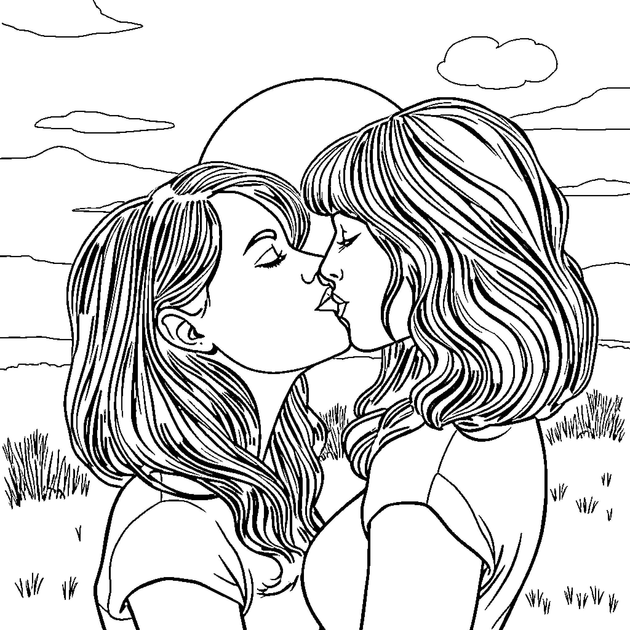 Women sharing an intimate moment outdoors Coloring Page (free black-and-white line drawing printable PDF for all, from beginners to advanced learners, including children, teens, adults, and seniors)