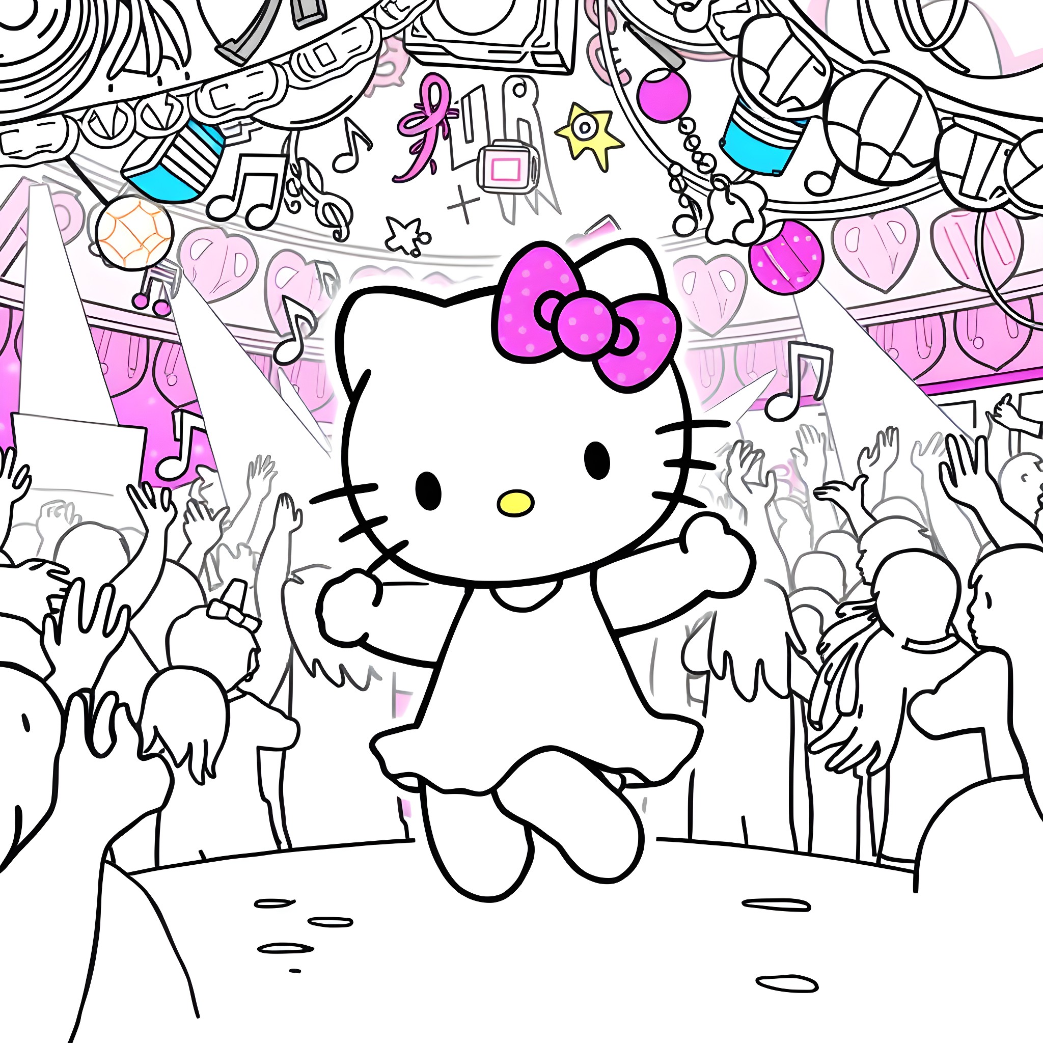 Hello Kitty Enjoying a Music Festival with Fans Coloring Page (free black-and-white line drawing printable PDF for all, from beginners to advanced learners, including children, teens, adults, and seniors)