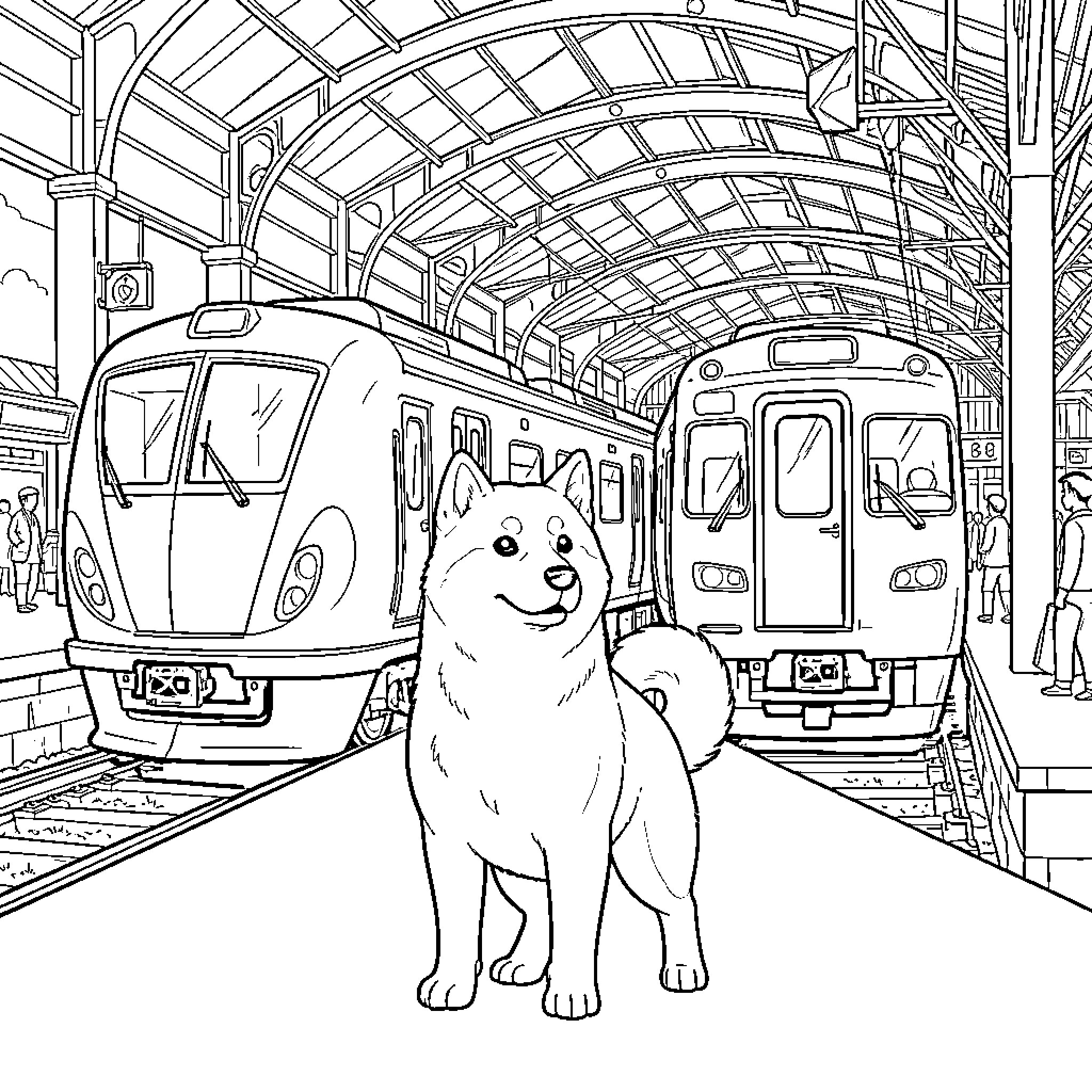 Hachiko waiting patiently at the train station Coloring Page (free black-and-white line drawing printable PDF for all, from beginners to advanced learners, including children, teens, adults, and seniors)
