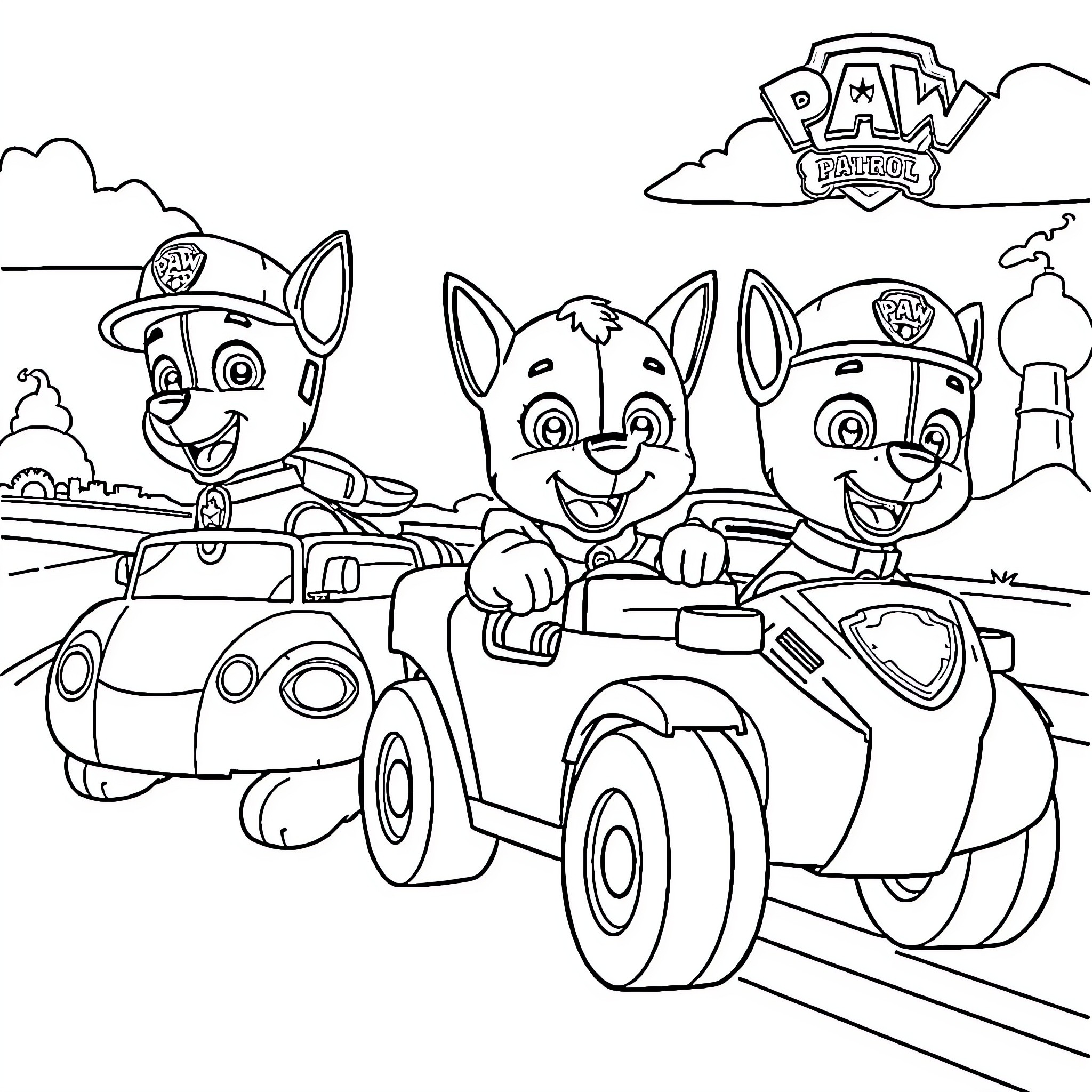 Paw Patrol Pups Riding Rescue Vehicles Coloring Page (free black-and-white line drawing printable PDF for all, from beginners to advanced learners, including children, teens, adults, and seniors)