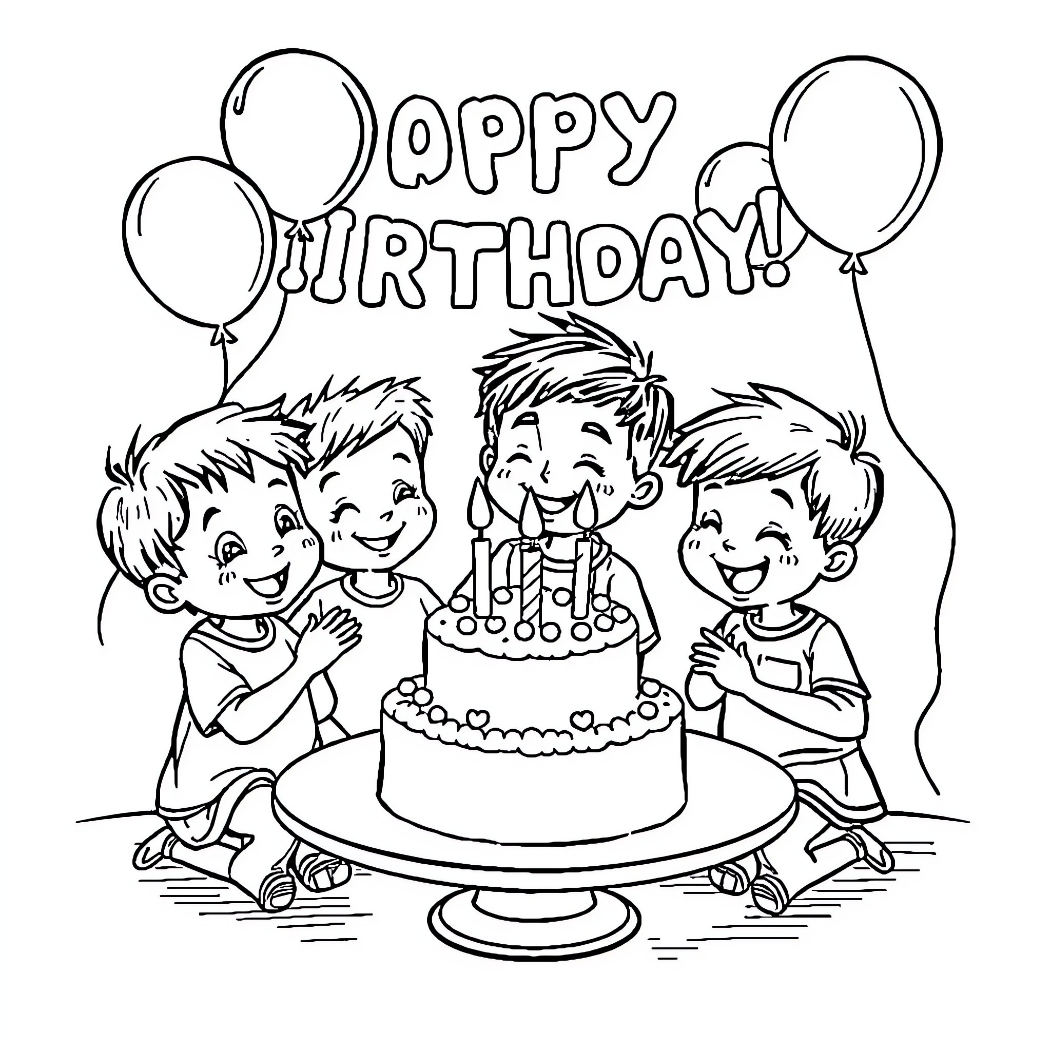 Niños celebrating a joyful birthday party Coloring Page (free black-and-white line drawing printable PDF for all, from beginners to advanced learners, including children, teens, adults, and seniors)