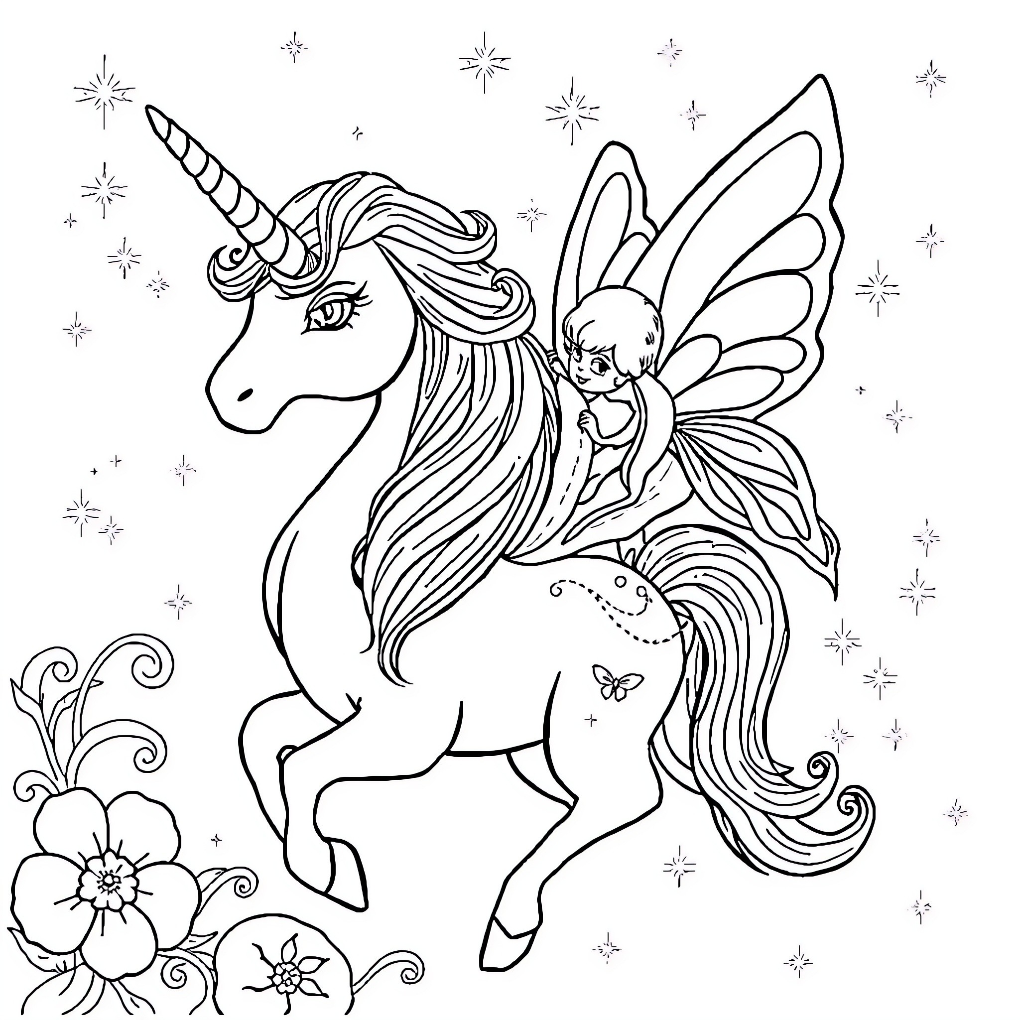 Unicorn with Fairy Companion in Magical Garden Coloring Page (free black-and-white line drawing printable PDF for all, from beginners to advanced learners, including children, teens, adults, and seniors)