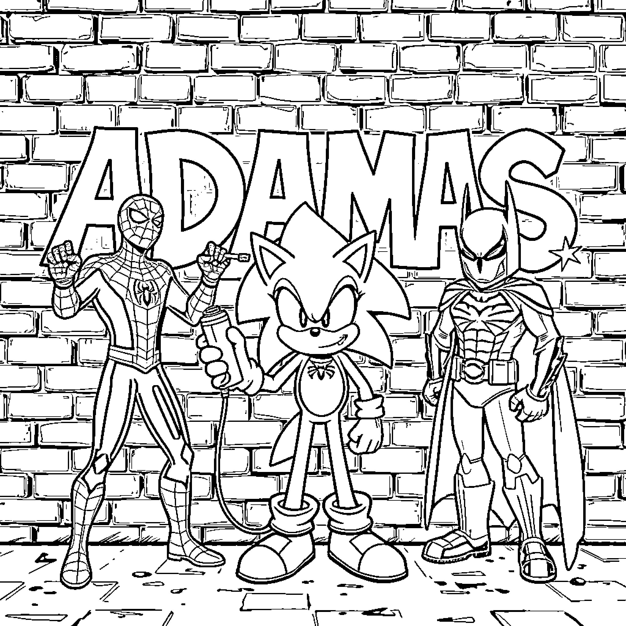 Spiderman, Sonic, and Iron Man in action poses Coloring Page (free black-and-white line drawing printable PDF for all, from beginners to advanced learners, including children, teens, adults, and seniors)