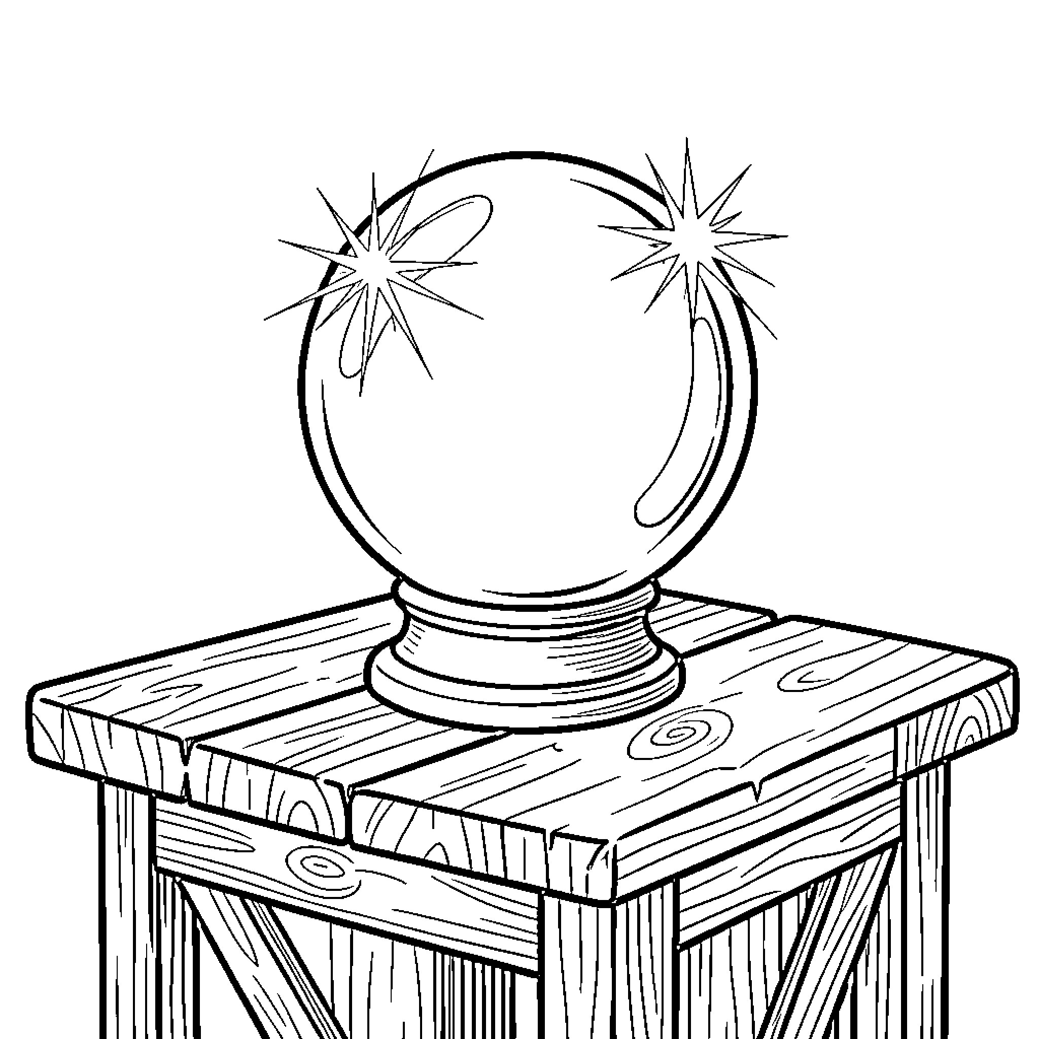 Crystal Ball on Wooden Stand Coloring Page (free black-and-white line drawing printable PDF for all, from beginners to advanced learners, including children, teens, adults, and seniors)