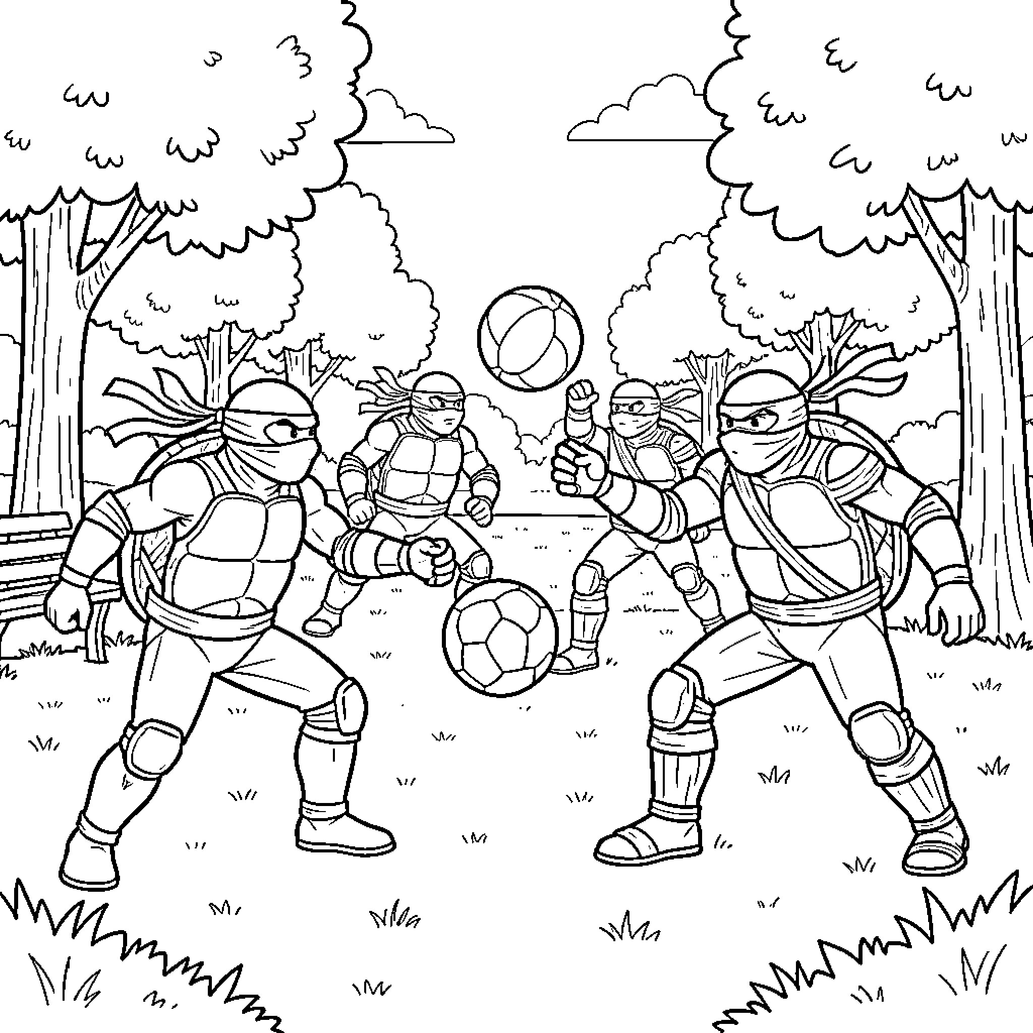 Turtle warriors playing with a ball in the park Coloring Page (free black-and-white line drawing printable PDF for all, from beginners to advanced learners, including children, teens, adults, and seniors)