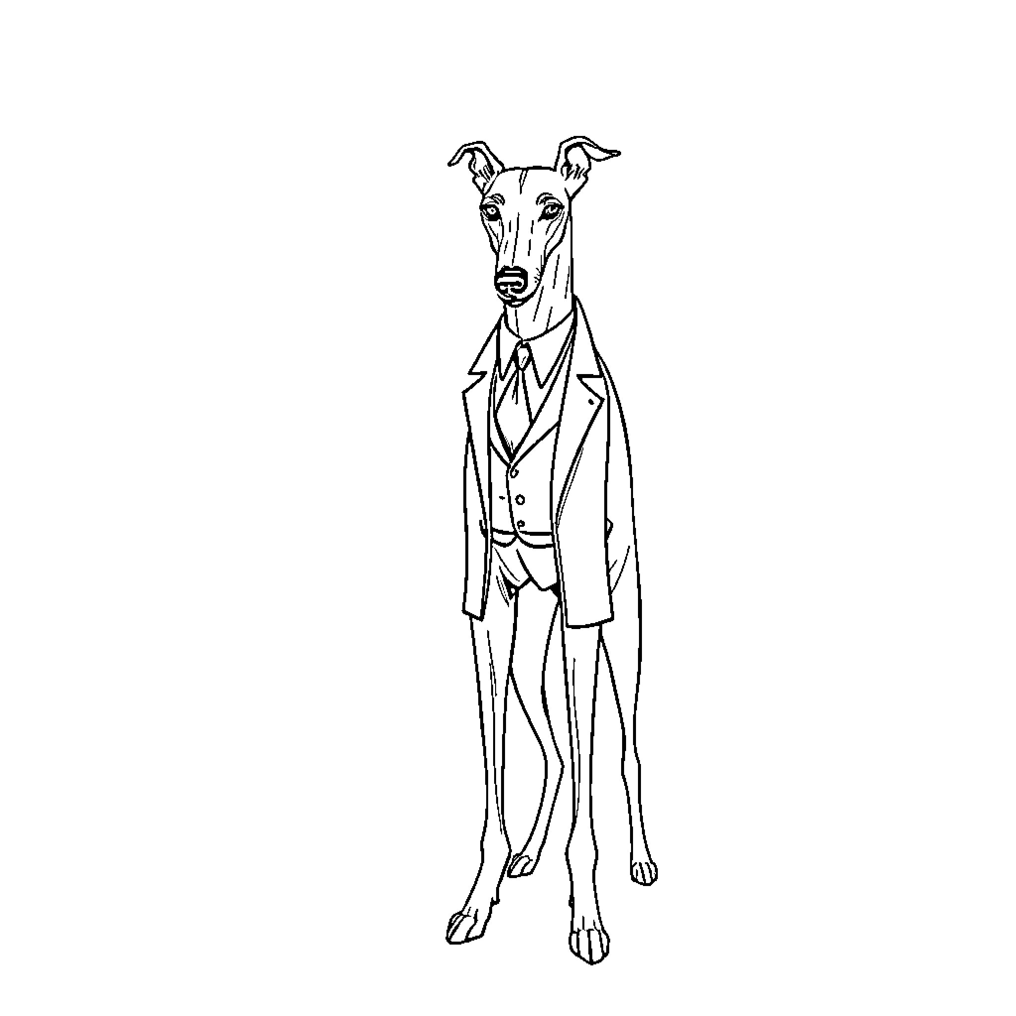 Greyhound dressed in a formal suit Coloring Page (free black-and-white line drawing printable PDF for all, from beginners to advanced learners, including children, teens, adults, and seniors)