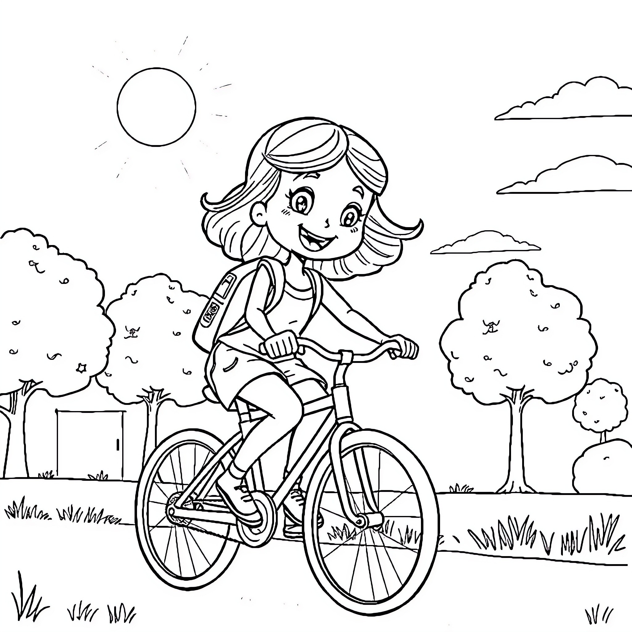 Bluey riding bicycle in a park Coloring Page (free black-and-white line drawing printable PDF for all, from beginners to advanced learners, including children, teens, adults, and seniors)