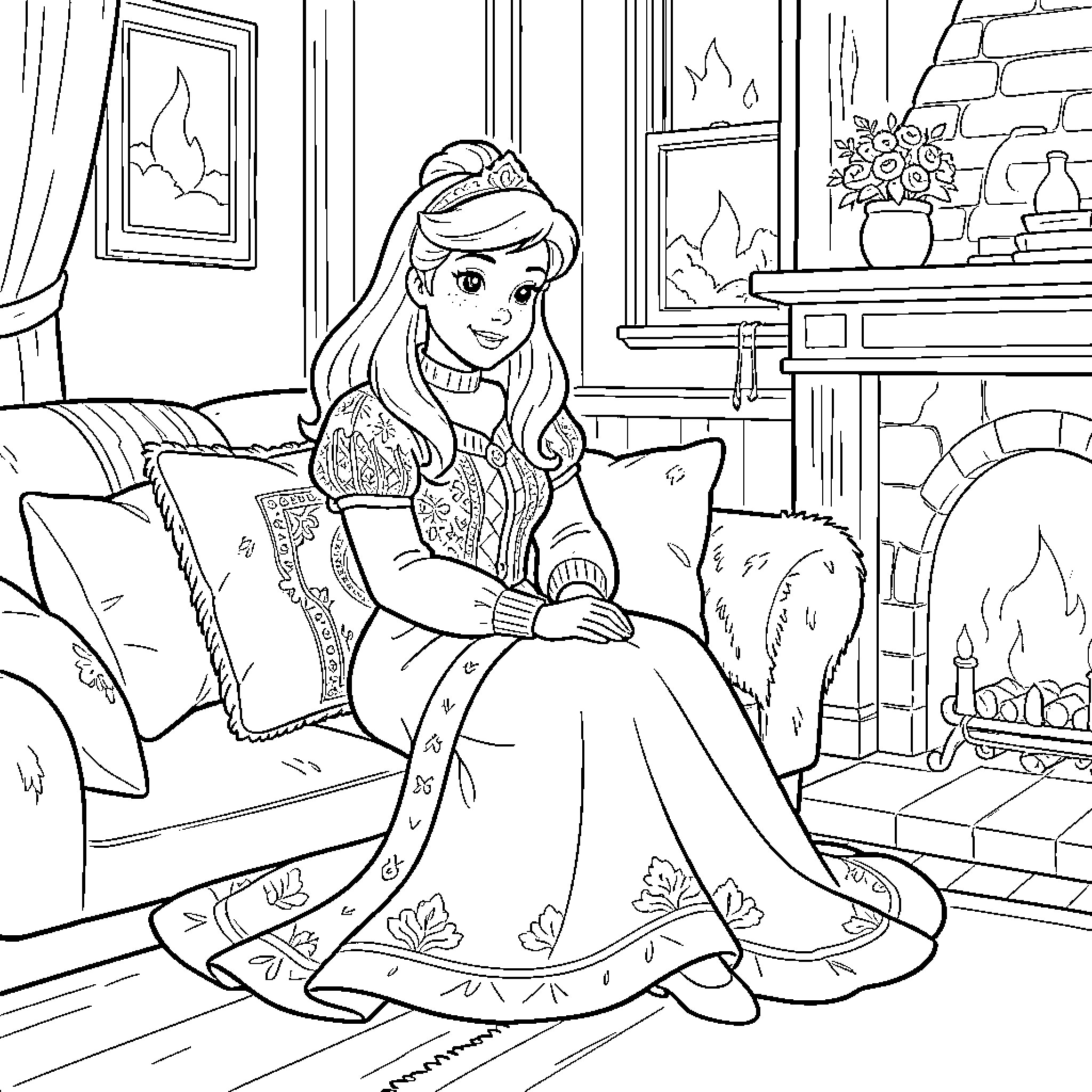 Princess sitting gracefully on a sofa by the fireplace Coloring Page (free black-and-white line drawing printable PDF for all, from beginners to advanced learners, including children, teens, adults, and seniors)