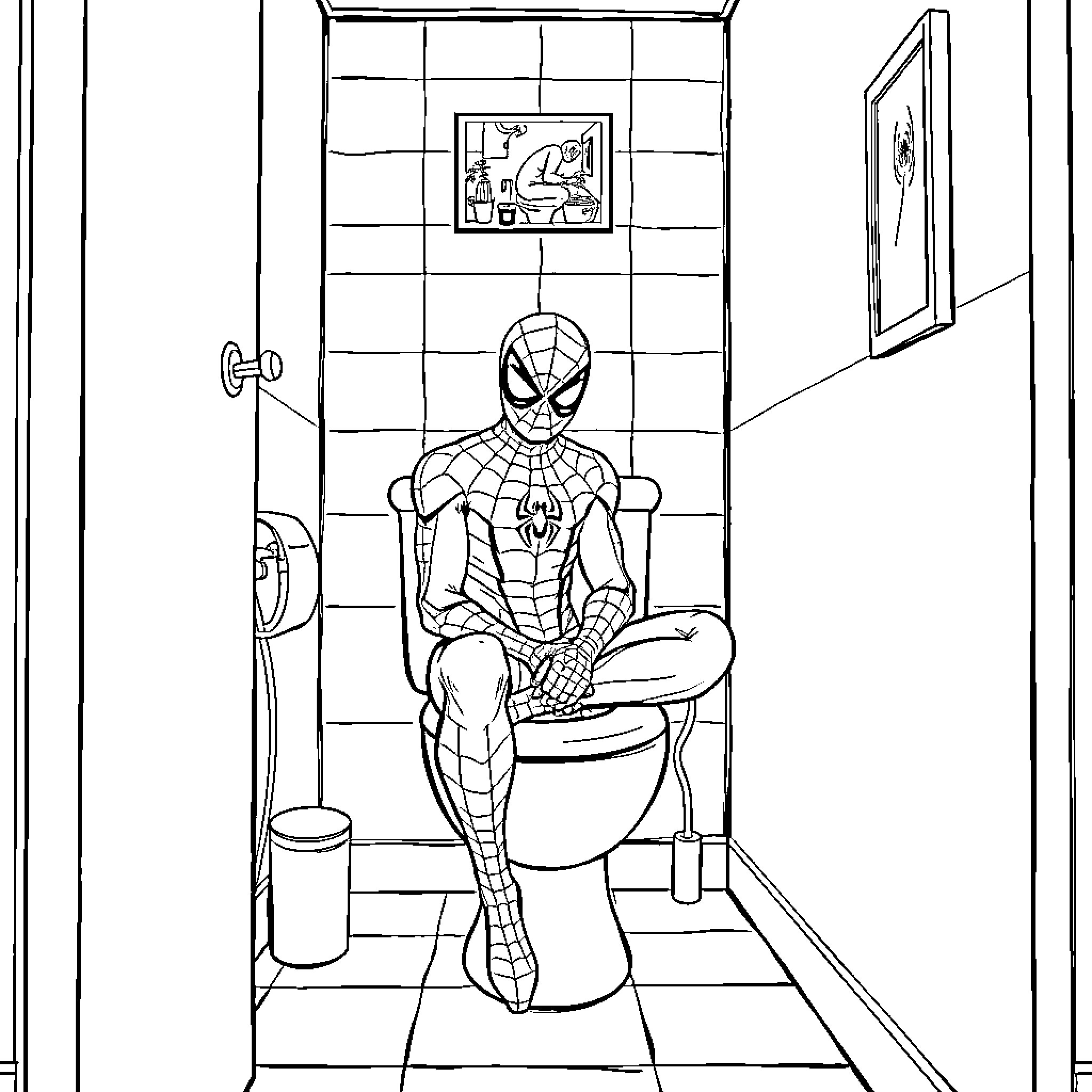 Spider-Man sitting on a toilet Coloring Page (free black-and-white line drawing printable PDF for all, from beginners to advanced learners, including children, teens, adults, and seniors)