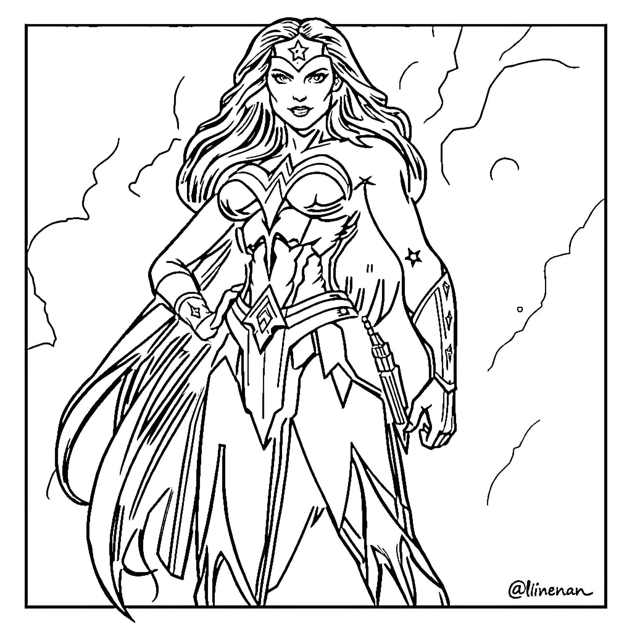 Wonder Woman in Heroic Action Pose Coloring Page (free black-and-white line drawing printable PDF for all, from beginners to advanced learners, including children, teens, adults, and seniors)