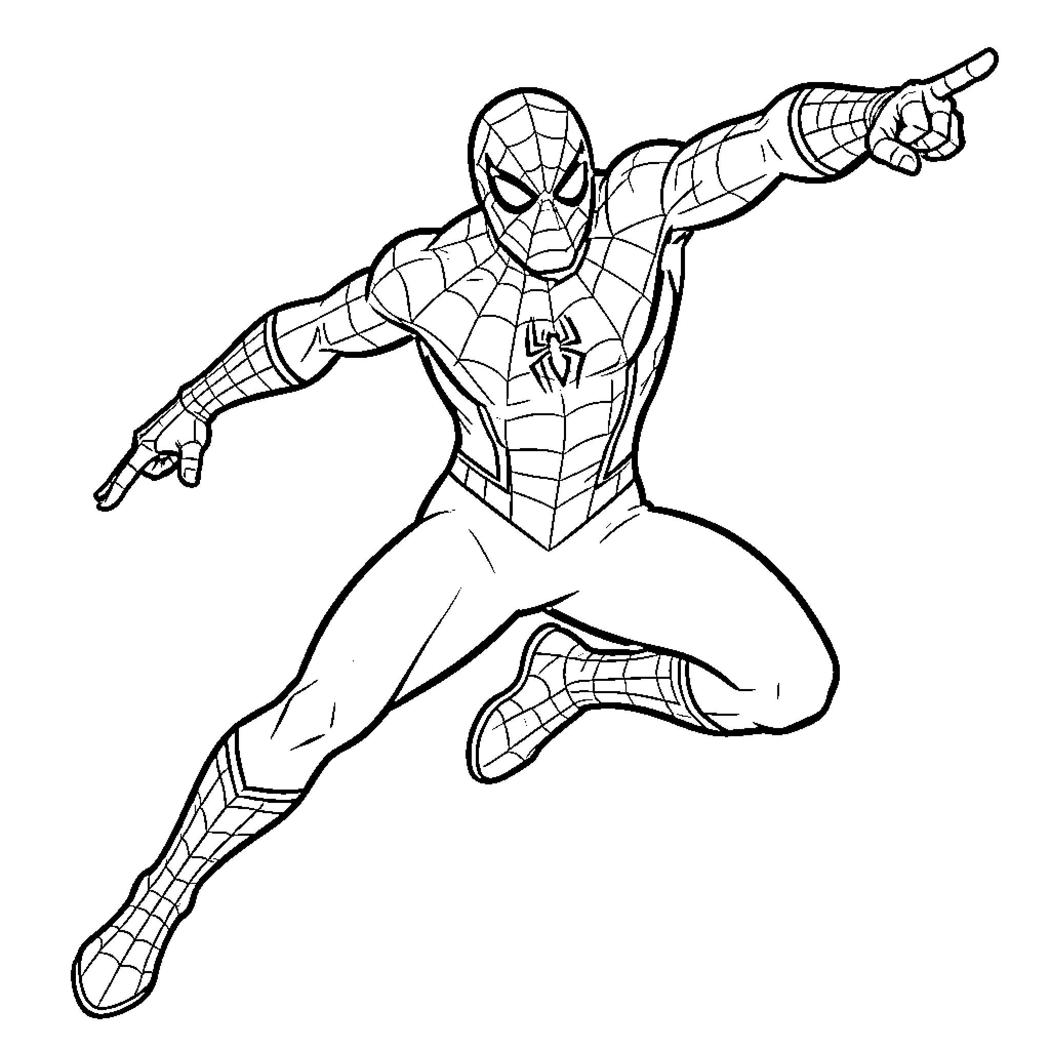 Spiderman in a dynamic action pose pointing forward Coloring Page (free black-and-white line drawing printable PDF for all, from beginners to advanced learners, including children, teens, adults, and seniors)