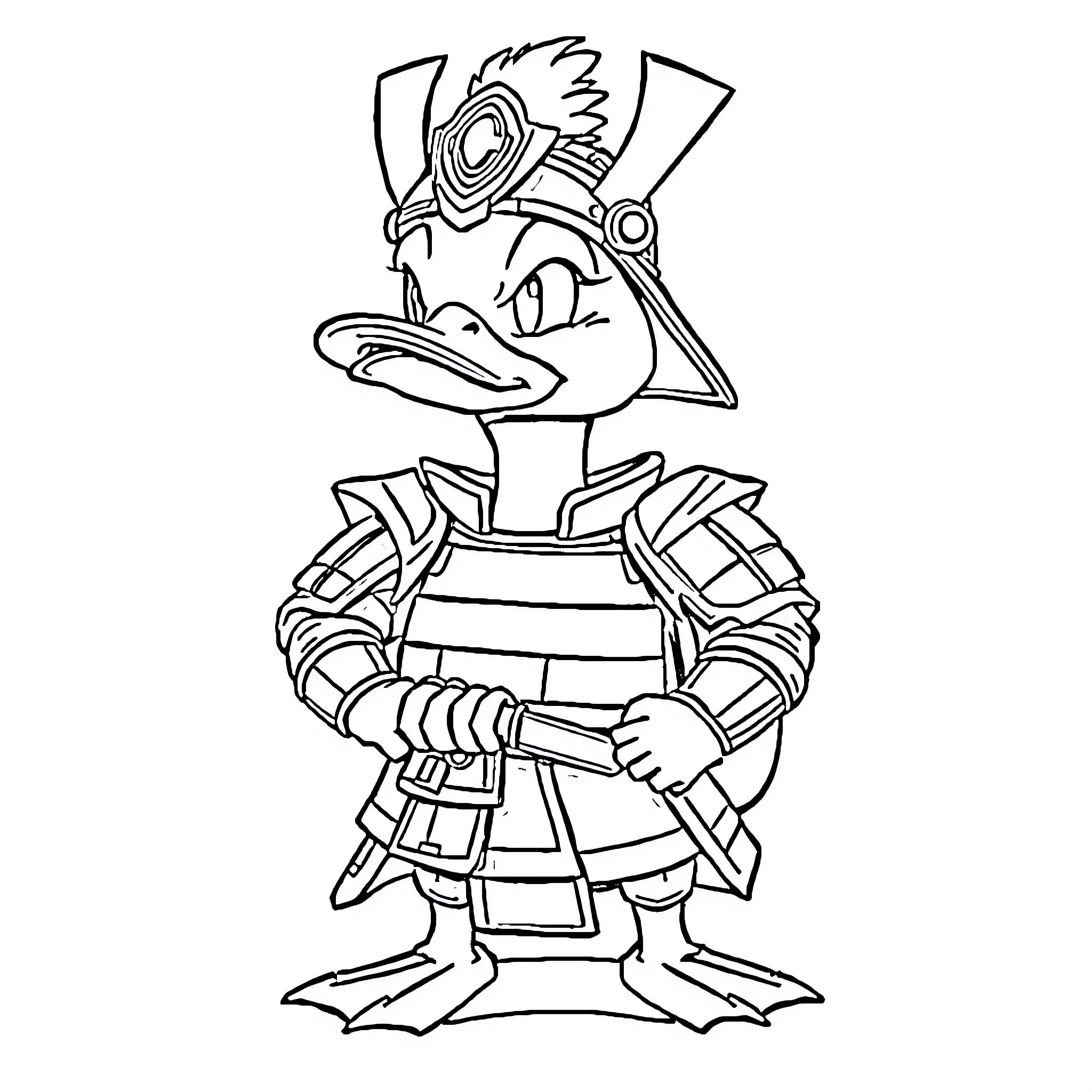 Psyduck in Futuristic Warrior Attire Coloring Page (free black-and-white line drawing printable PDF for all, from beginners to advanced learners, including children, teens, adults, and seniors)