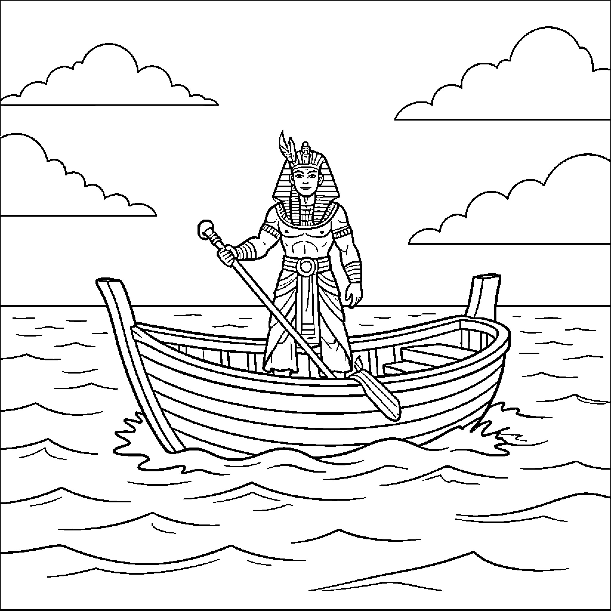 Pharaoh rowing a small boat across the ocean Coloring Page (free black-and-white line drawing printable PDF for all, from beginners to advanced learners, including children, teens, adults, and seniors)