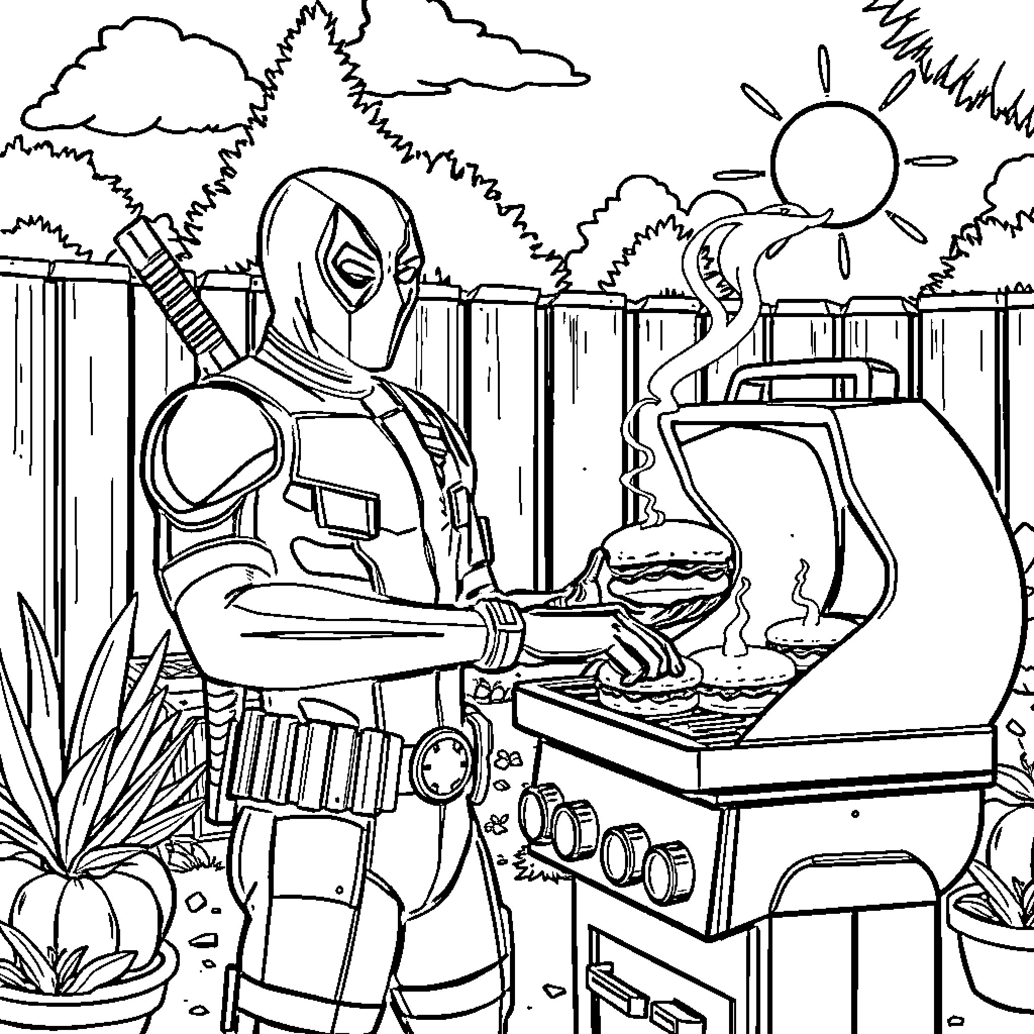 Deadpool Relaxing and Grilling on a Sunny Day Coloring Page (free black-and-white line drawing printable PDF for all, from beginners to advanced learners, including children, teens, adults, and seniors)