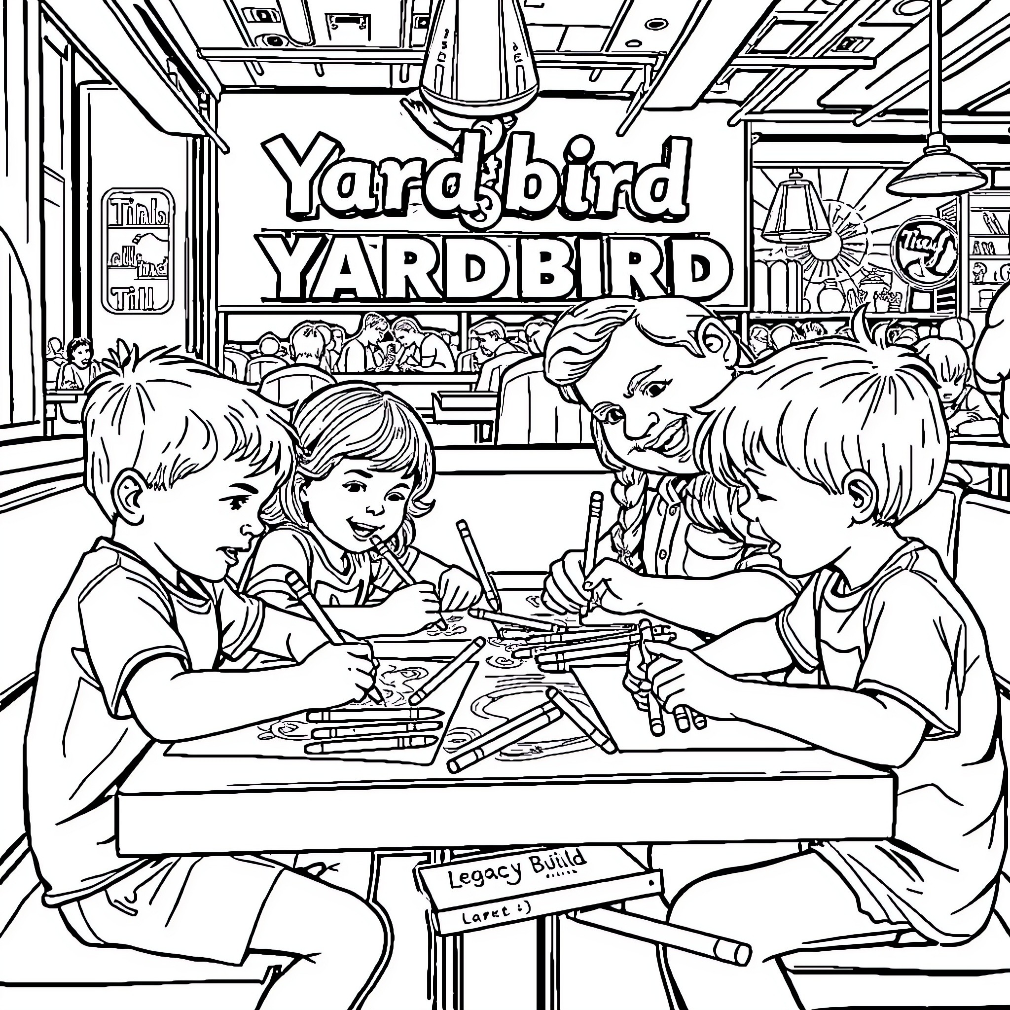 Yardbird Children Coloring and Crafting in Playful Scene Coloring Page (free black-and-white line drawing printable PDF for all, from beginners to advanced learners, including children, teens, adults, and seniors)