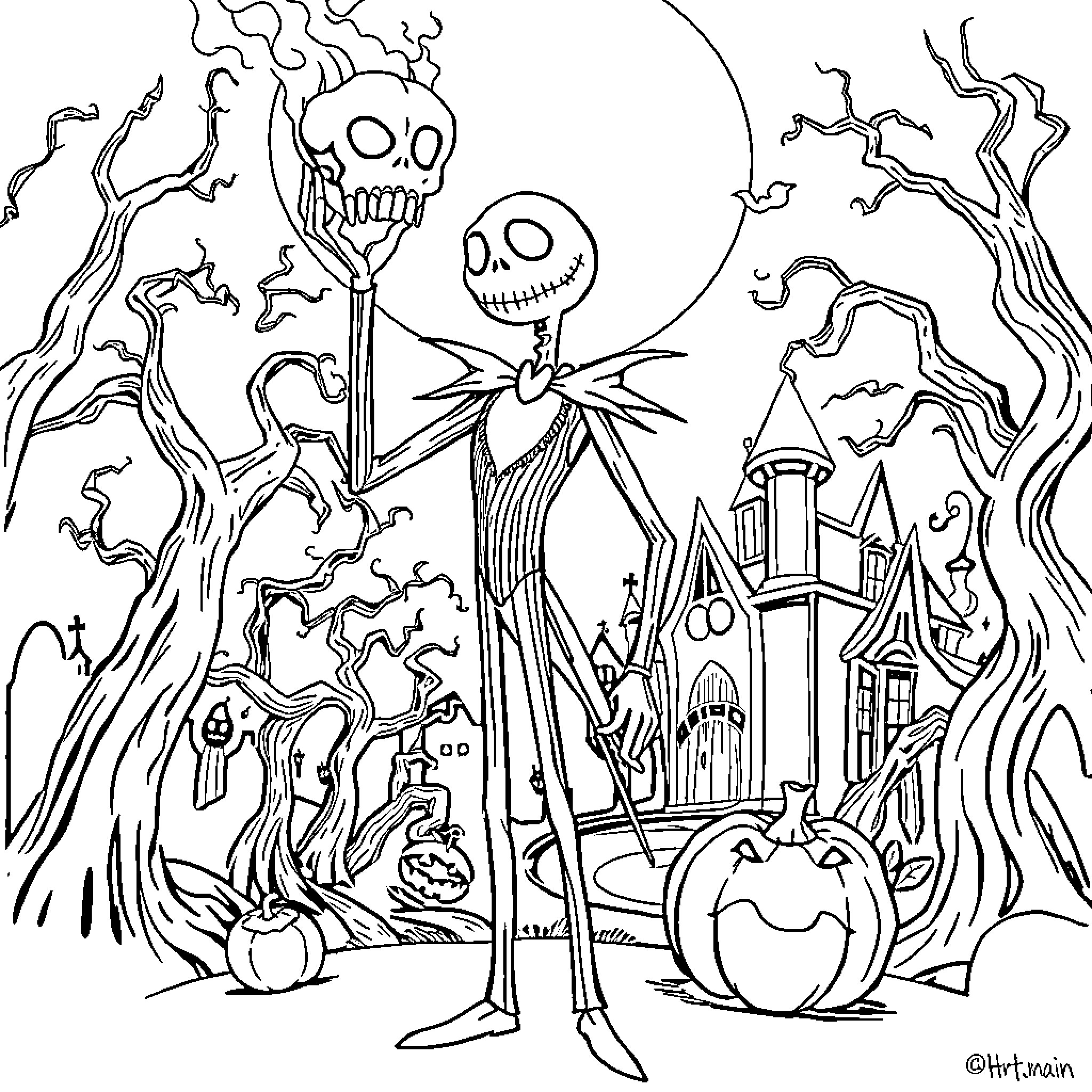 Jack Skellington in a spooky Halloween scene Coloring Page (free black-and-white line drawing printable PDF for all, from beginners to advanced learners, including children, teens, adults, and seniors)