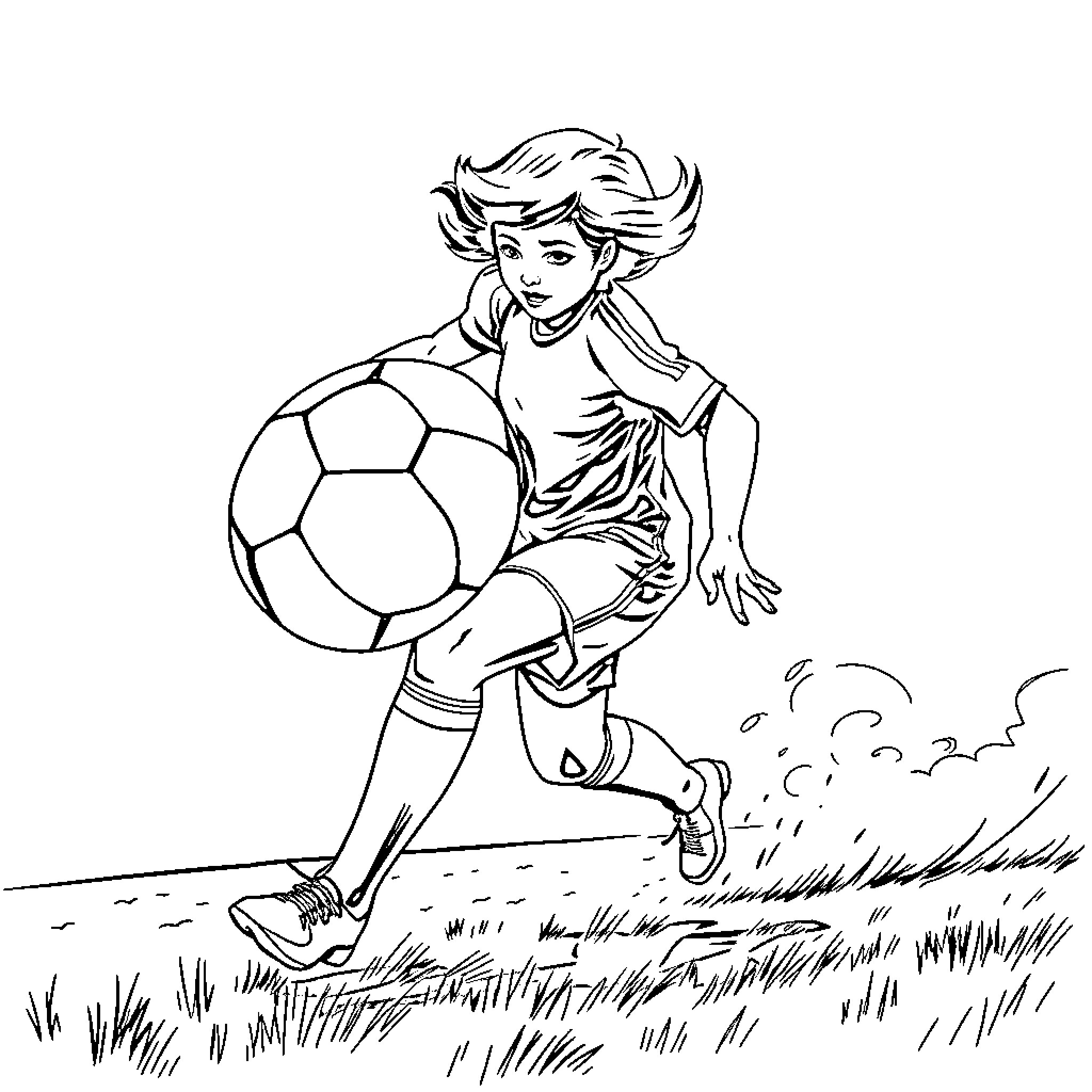 Futbol player kicking ball with energy Coloring Page (free black-and-white line drawing printable PDF for all, from beginners to advanced learners, including children, teens, adults, and seniors)
