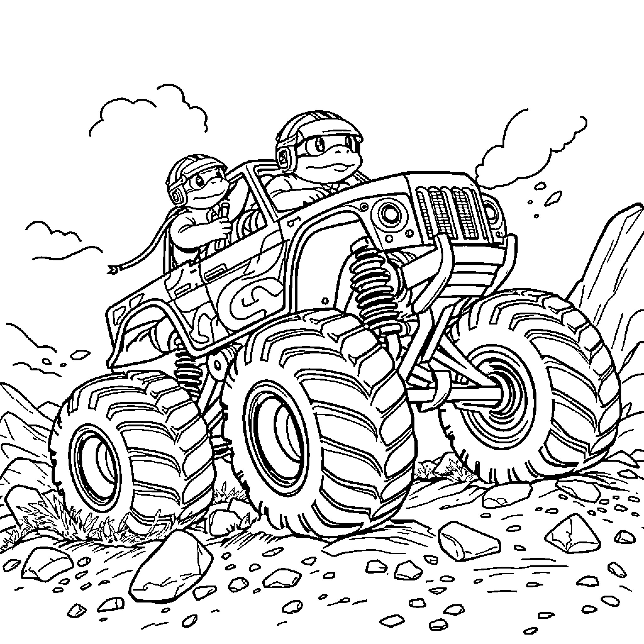 Turtle monster truck racing through rough terrain Coloring Page (free black-and-white line drawing printable PDF for all, from beginners to advanced learners, including children, teens, adults, and seniors)