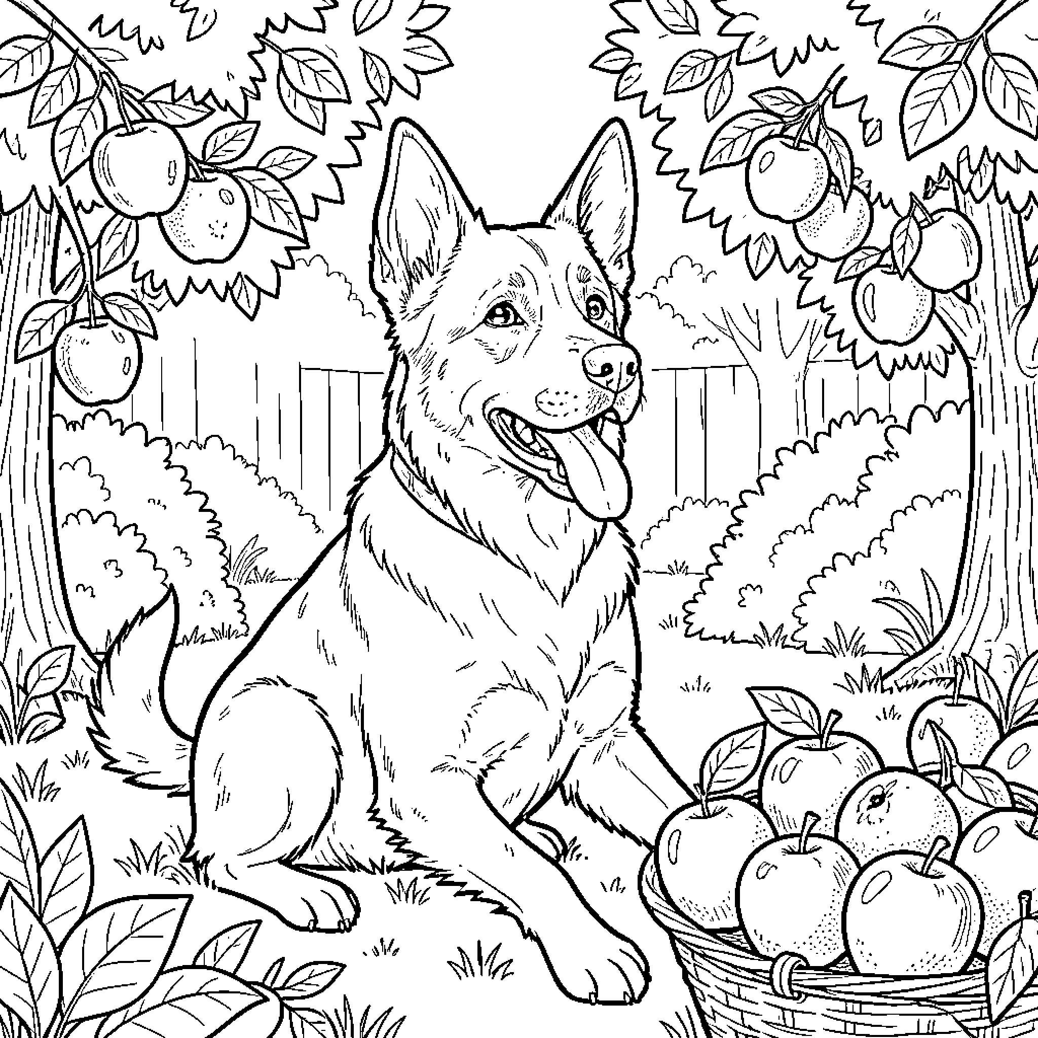 Dog in Orchard Surrounded by Apples Coloring Page (free black-and-white line drawing printable PDF for all, from beginners to advanced learners, including children, teens, adults, and seniors)