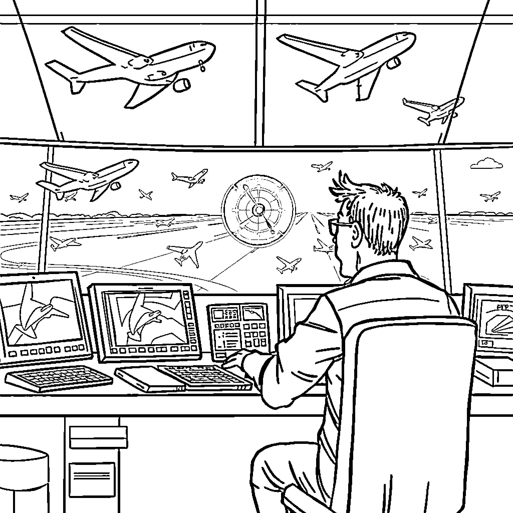 Air Traffic Controller monitoring flights and airspace Coloring Page (free black-and-white line drawing printable PDF for all, from beginners to advanced learners, including children, teens, adults, and seniors)