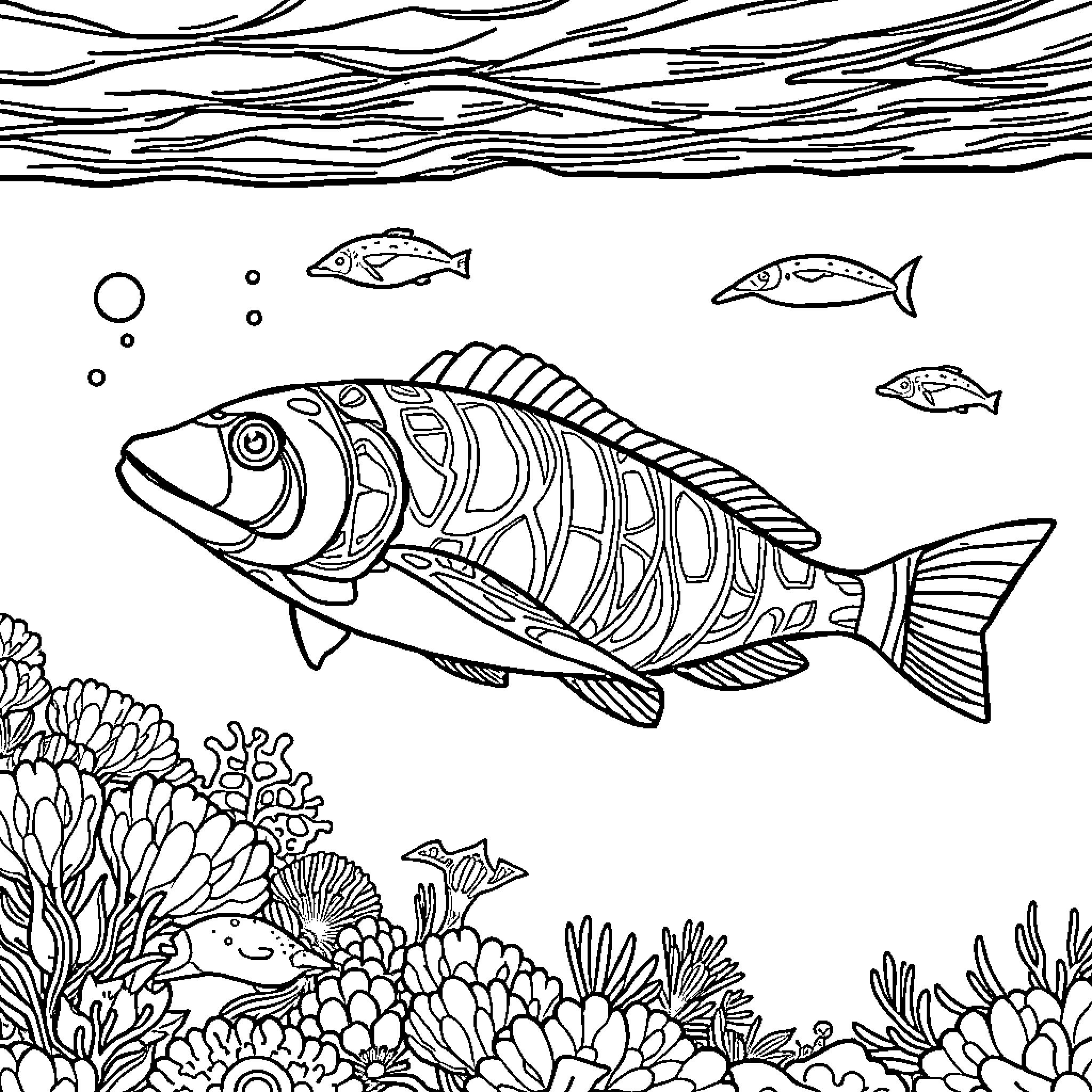 Underwater Animal Swimming Amid Coral Reef Coloring Page (free black-and-white line drawing printable PDF for all, from beginners to advanced learners, including children, teens, adults, and seniors)