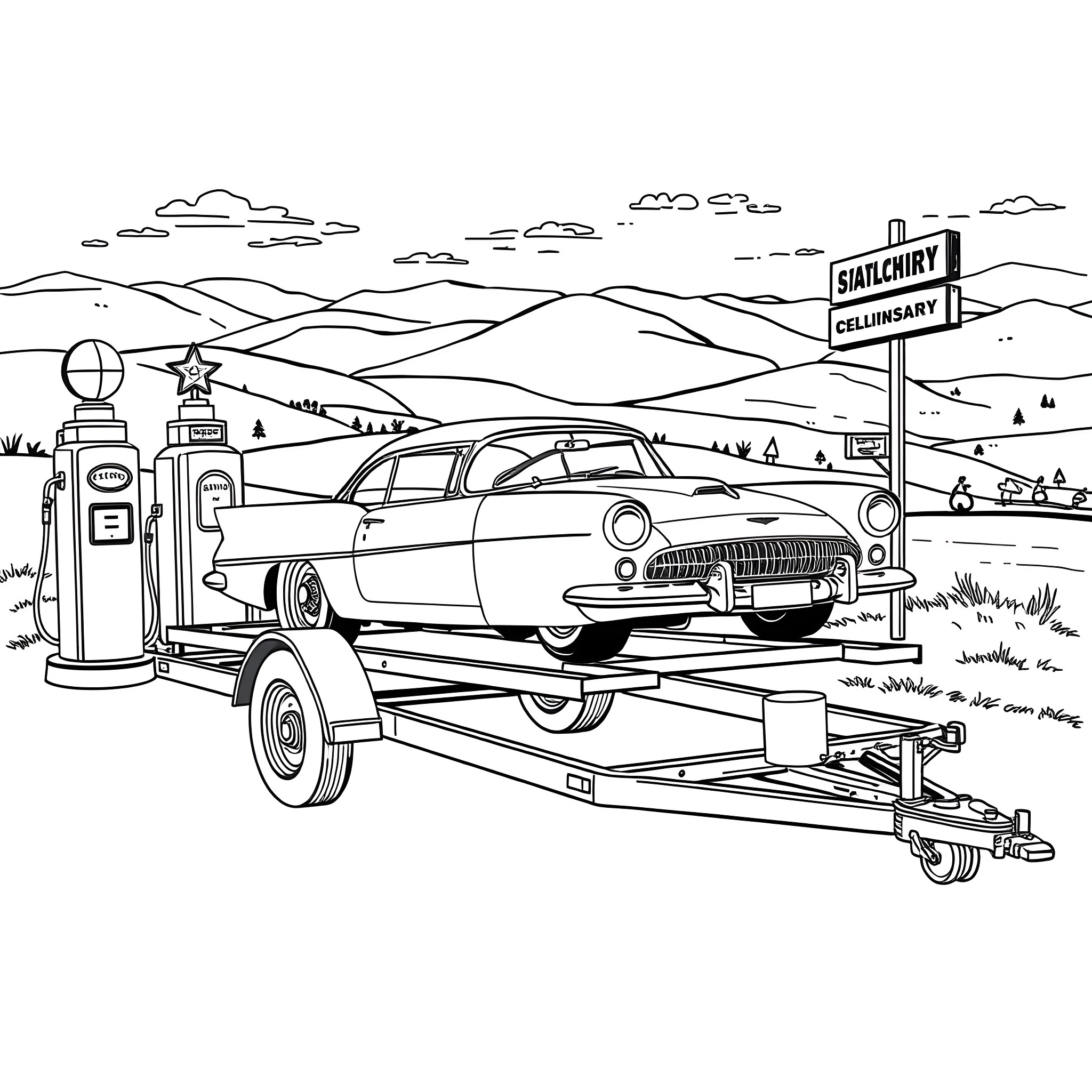 Car being transported on a trailer through the countryside Coloring Page (free black-and-white line drawing printable PDF for all, from beginners to advanced learners, including children, teens, adults, and seniors)
