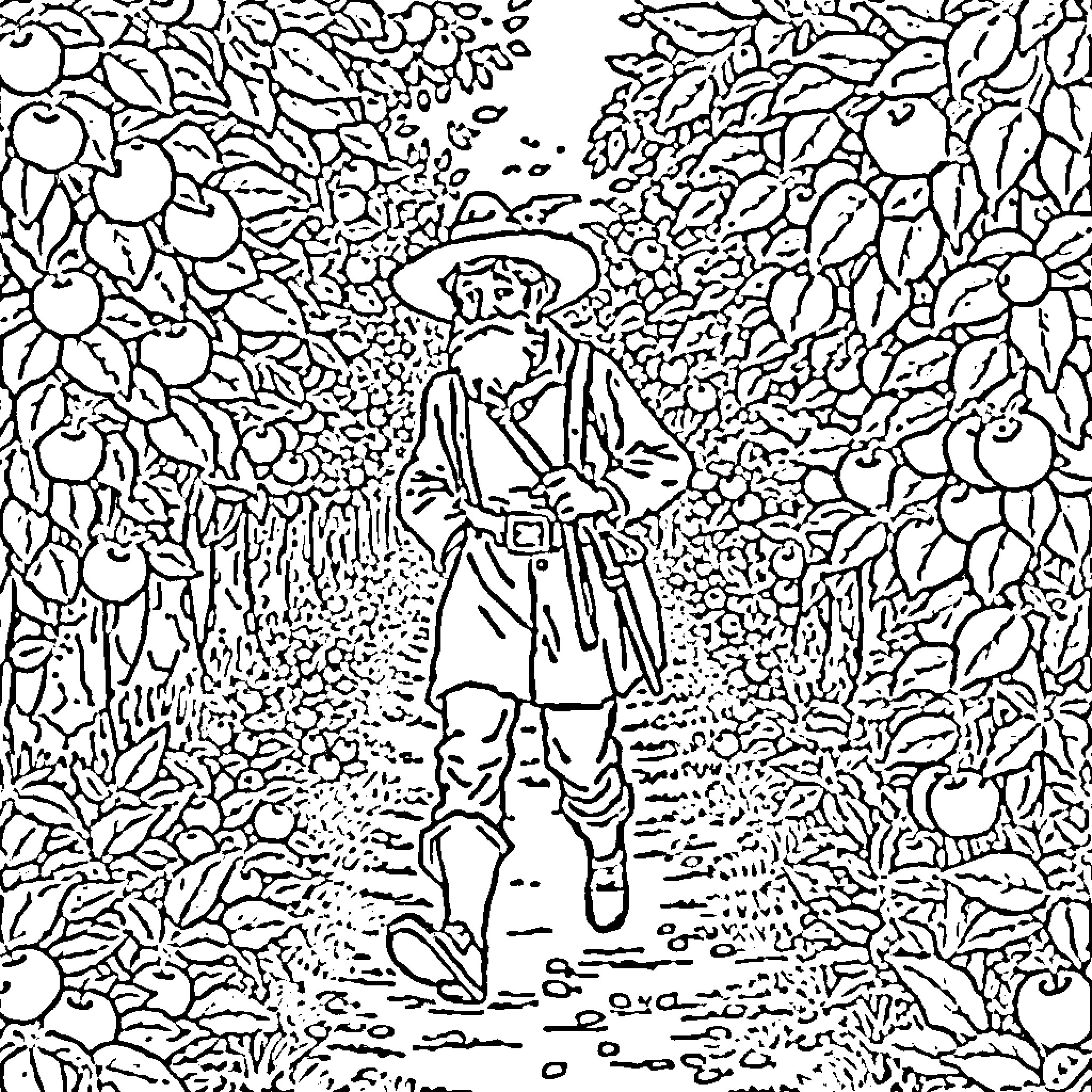 Johnny Appleseed wandering through an orchard Coloring Page (free black-and-white line drawing printable PDF for all, from beginners to advanced learners, including children, teens, adults, and seniors)