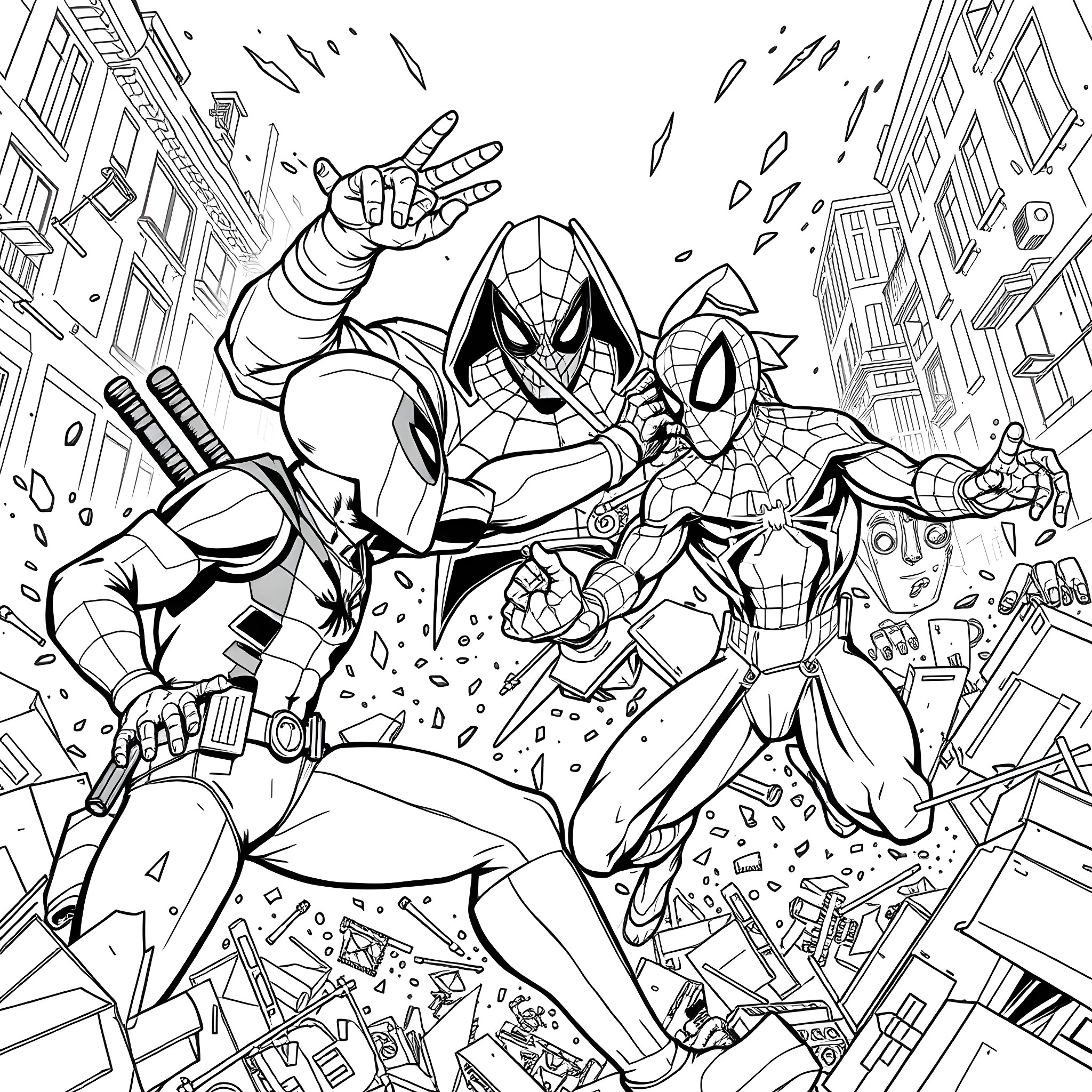 Deadpool and Spider-Man in an epic battle Coloring Page (free black-and-white line drawing printable PDF for all, from beginners to advanced learners, including children, teens, adults, and seniors)