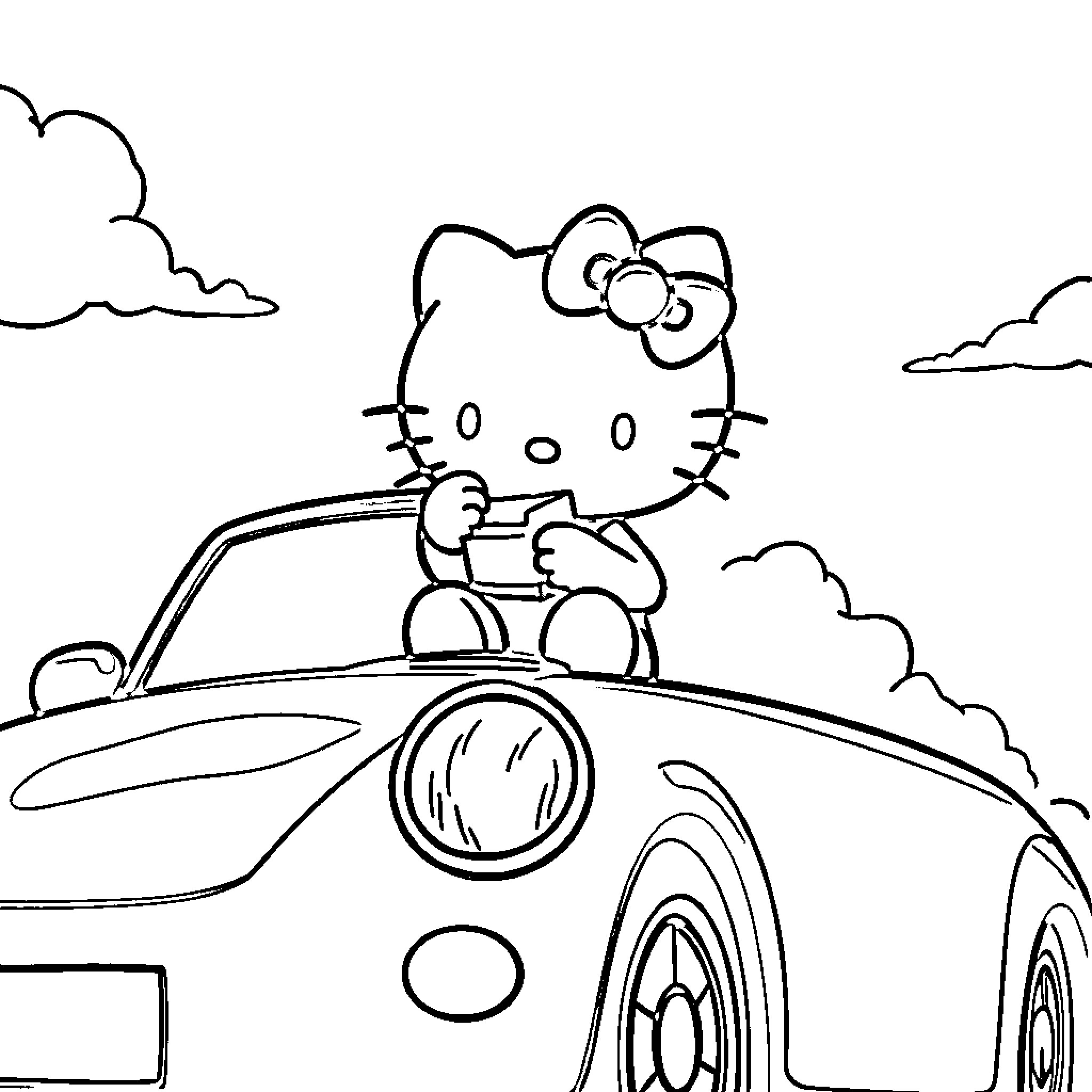 Hello Kitty driving a car with clouds in the sky Coloring Page (free black-and-white line drawing printable PDF for all, from beginners to advanced learners, including children, teens, adults, and seniors)