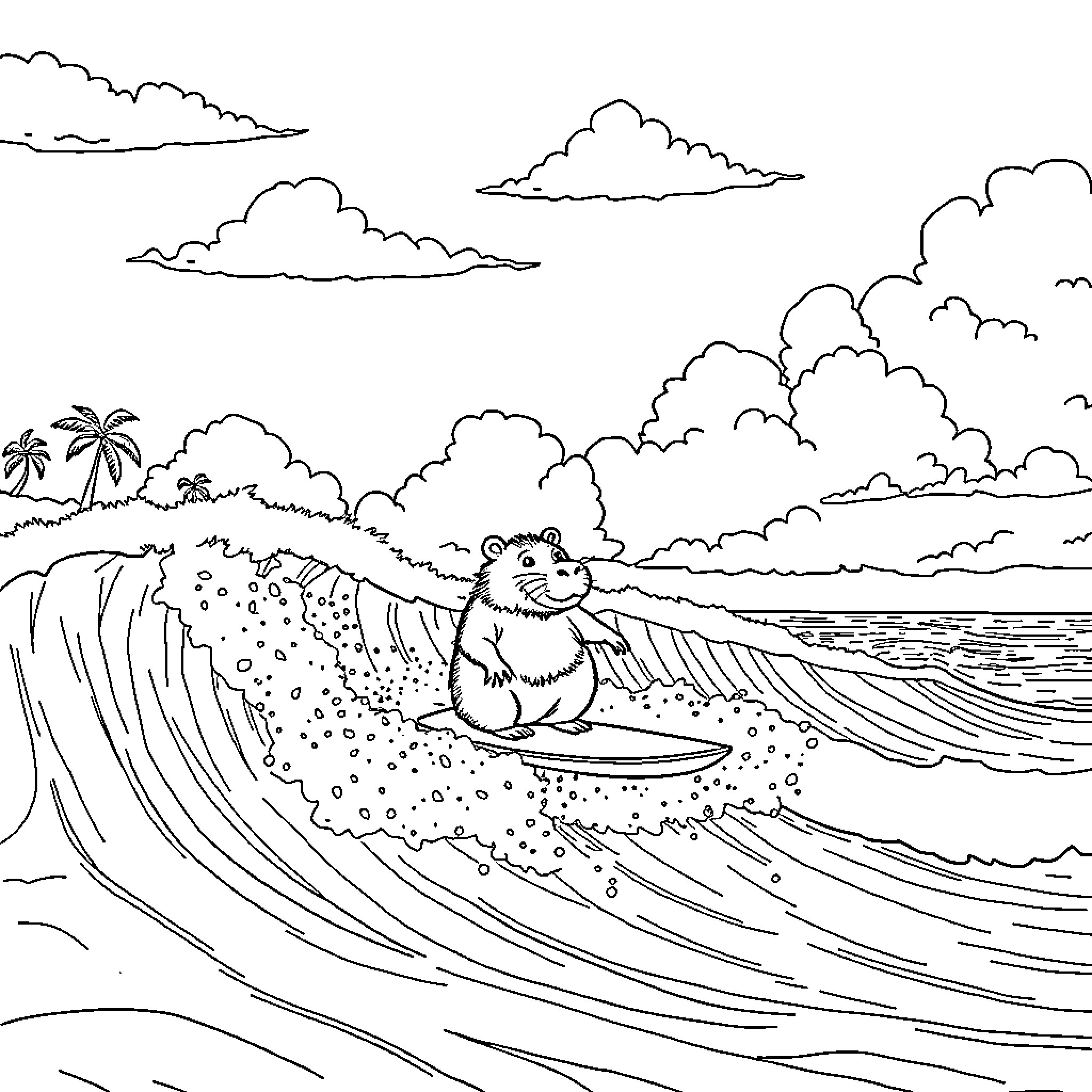 Capybara surfing on tropical waves Coloring Page (free black-and-white line drawing printable PDF for all, from beginners to advanced learners, including children, teens, adults, and seniors)
