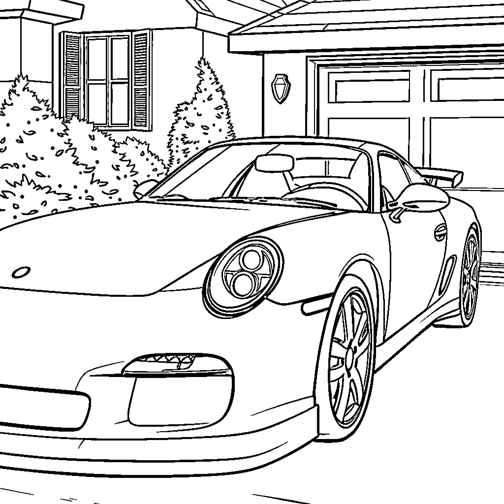 Car parked in front of house Coloring Page (free black-and-white line drawing printable PDF for all, from beginners to advanced learners, including children, teens, adults, and seniors)