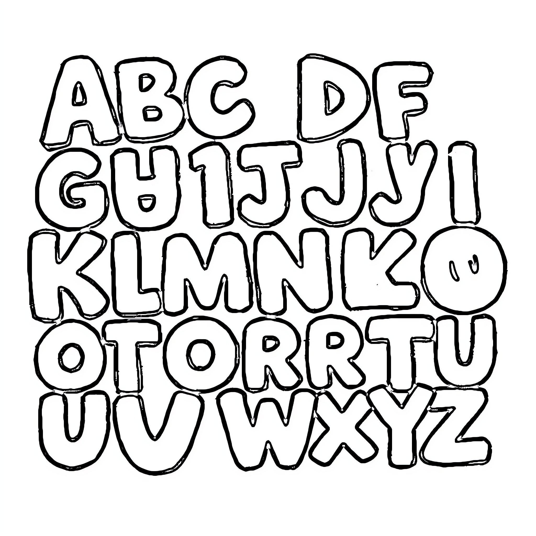ABC Playful Alphabet Letters Coloring Page (free black-and-white line drawing printable PDF for all, from beginners to advanced learners, including children, teens, adults, and seniors)