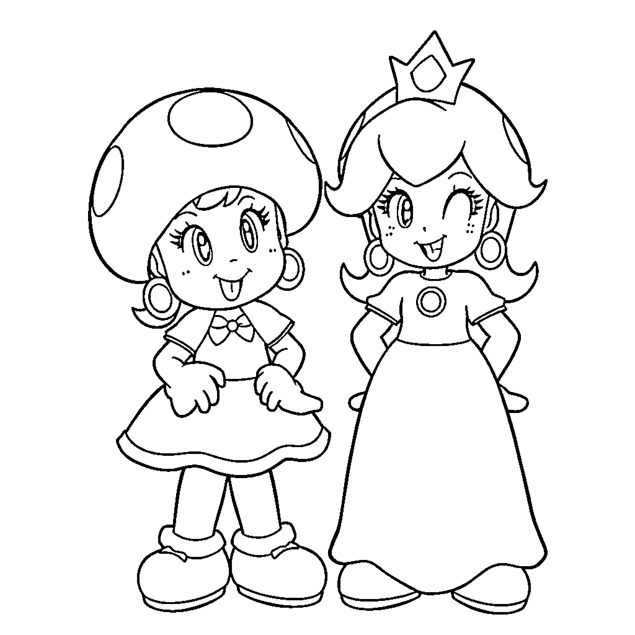 Princess and Mushroom Companion in Whimsical Attire Coloring Page (free black-and-white line drawing printable PDF for all, from beginners to advanced learners, including children, teens, adults, and seniors)