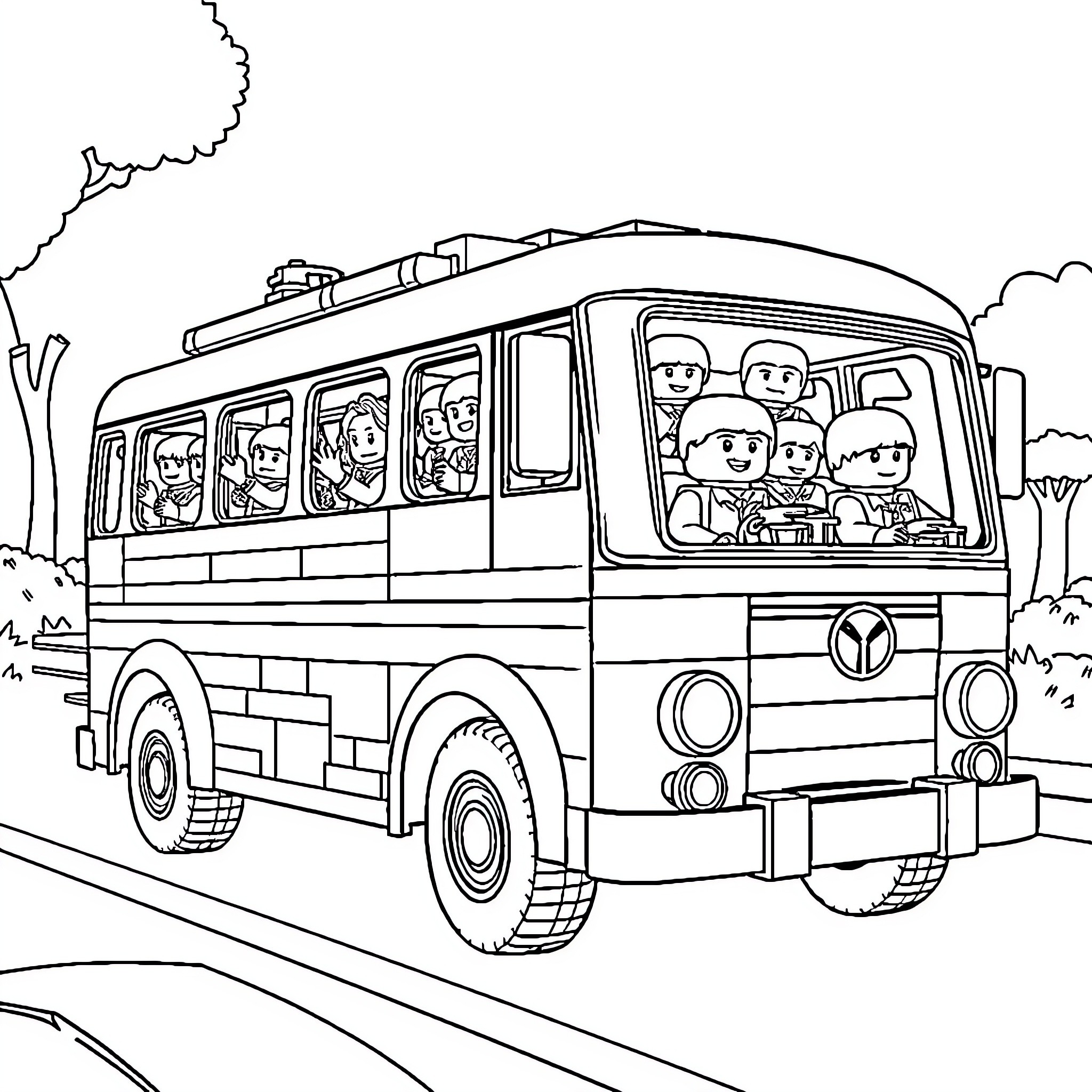 Lego passengers aboard the school bus Coloring Page (free black-and-white line drawing printable PDF for all, from beginners to advanced learners, including children, teens, adults, and seniors)