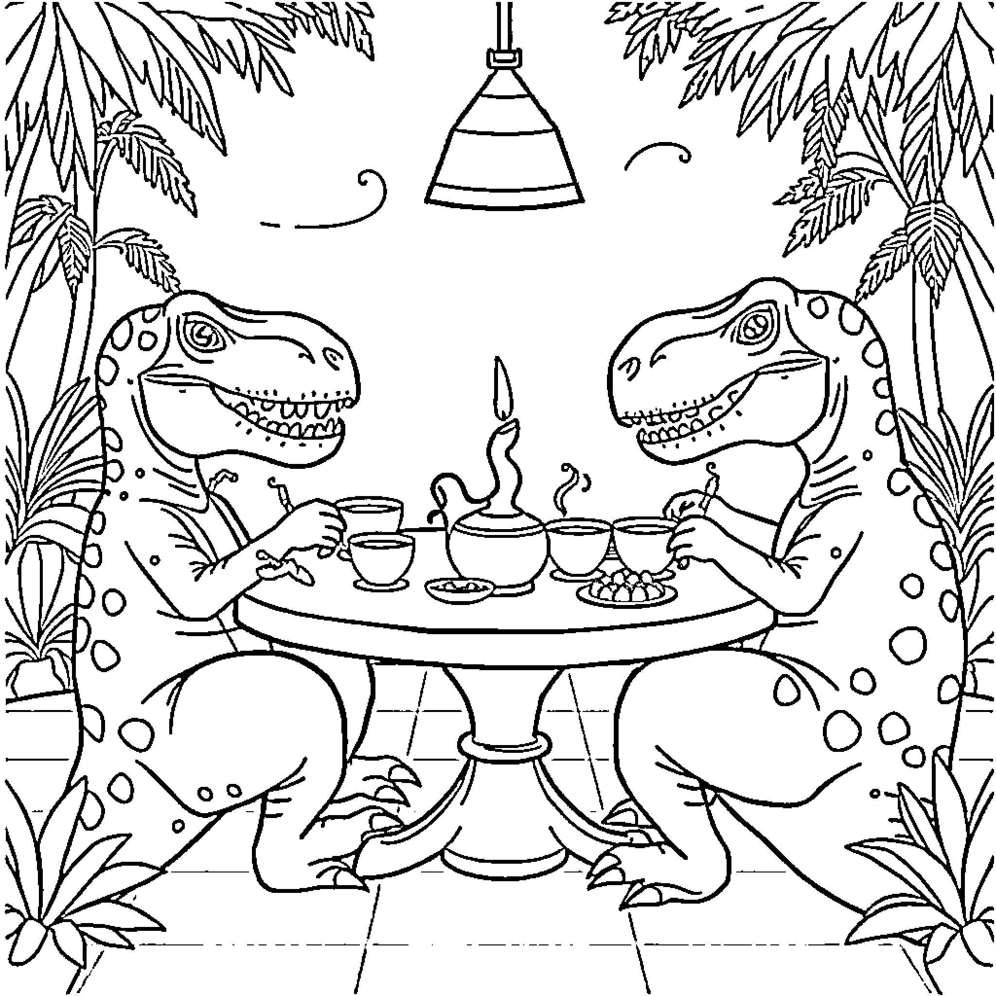T-Rex Dinosaurs Enjoying Tea Party in Jungle Coloring Page (free black-and-white line drawing printable PDF for all, from beginners to advanced learners, including children, teens, adults, and seniors)