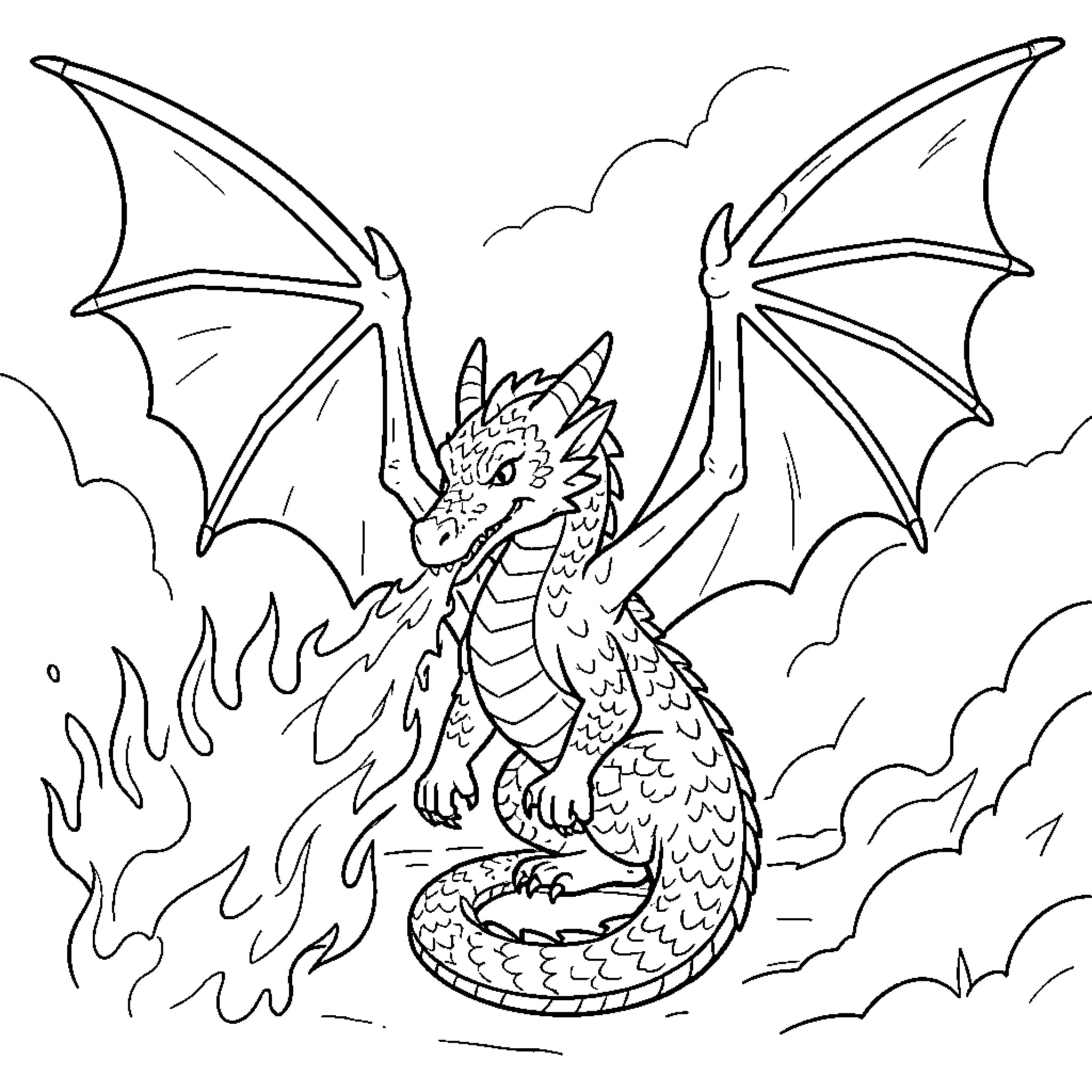 Dragon breathing intense flames with wide wings Coloring Page (free black-and-white line drawing printable PDF for all, from beginners to advanced learners, including children, teens, adults, and seniors)