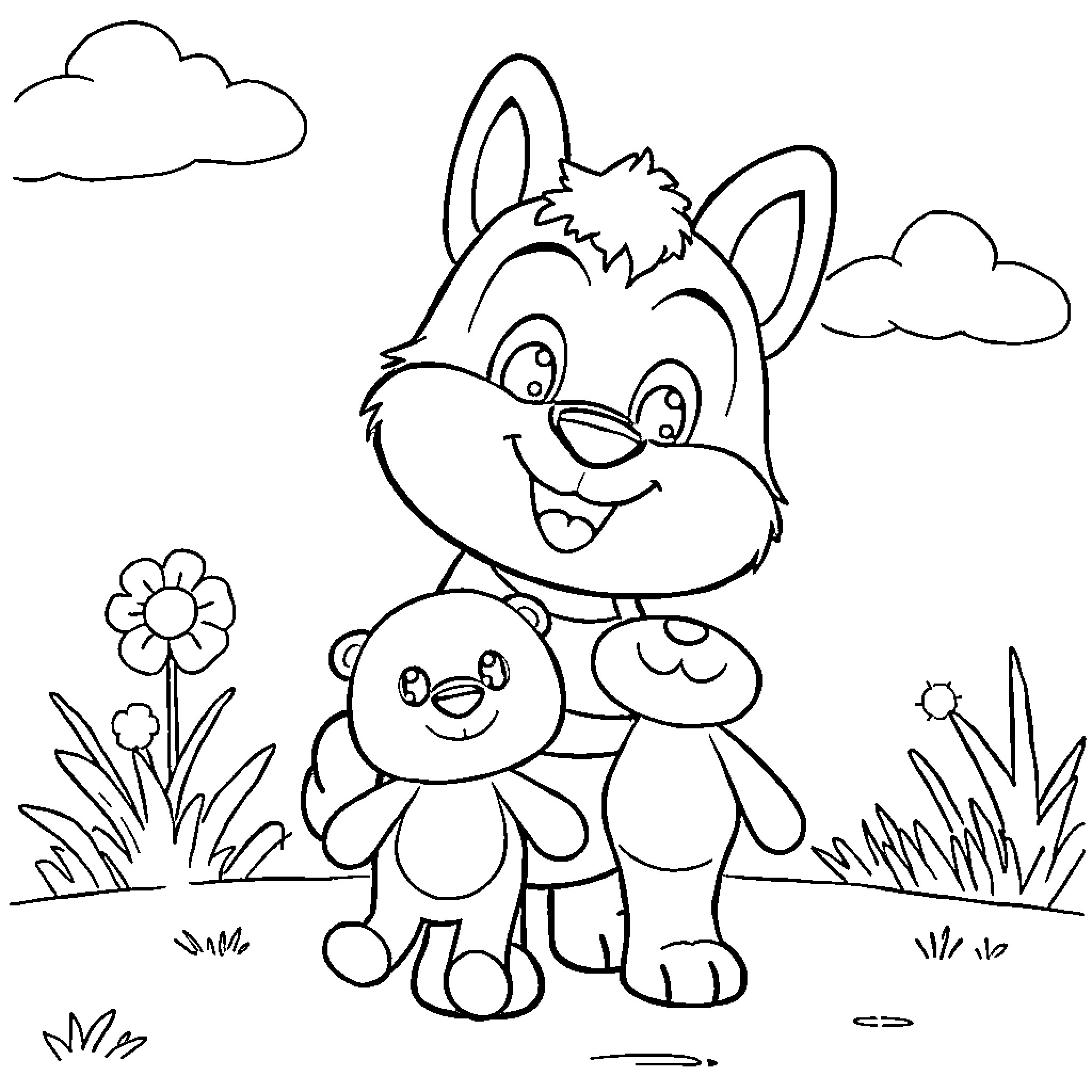 Tchoupi smiling while holding two teddy bears Coloring Page (free black-and-white line drawing printable PDF for all, from beginners to advanced learners, including children, teens, adults, and seniors)