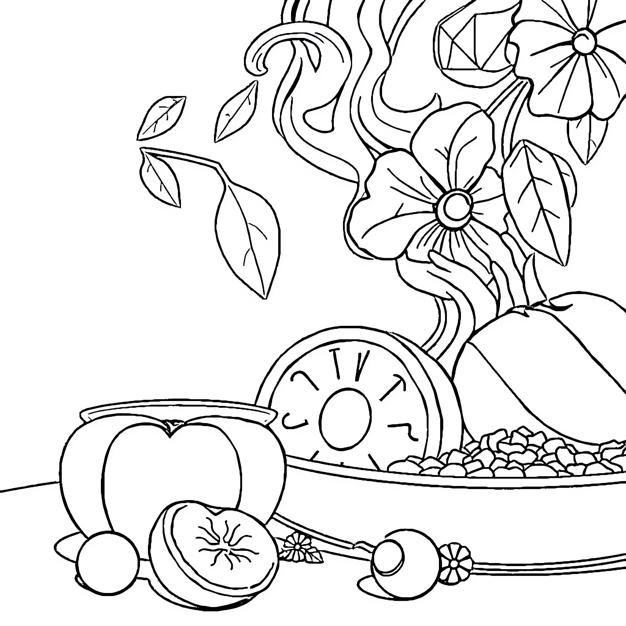 Culinária with Whimsical Flowers and Fruits Coloring Page (free black-and-white line drawing printable PDF for all, from beginners to advanced learners, including children, teens, adults, and seniors)